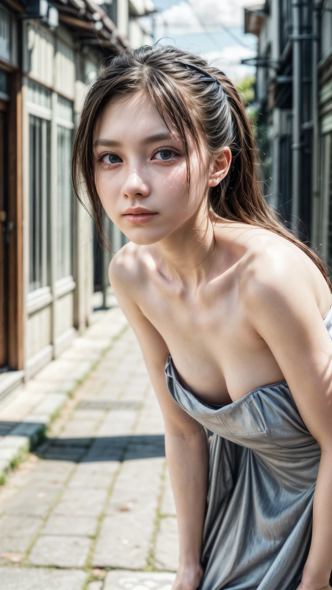 (realistic, photo-realistic:1.37), (masterpiece, best quality), high resolution, intricate details, extremely detailed, cinematic lighting, gravure photography, portrait, solo, a Japanese young female idol, (face focus, standing leaning forward, forward bending:1.5), (strapless dress, sleeveless:1.2), (small breasts), dark hair, pale skin, fine-textured skin, (detailed face, detailed black eyes, symmetrical eyes, beautiful pupils, sophisticated nose, lewdlook), 
photo background, outdoors, urban scape, daytime, sunny, blue sky and clouds,