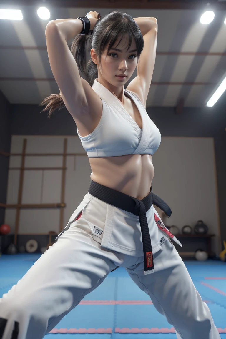 (I can see a sporty bra)、(((sexy Karate Singlet, black belt)))、Female karateka with bangs and ponytail、Visible navel and lower chest、shiny skin、((shy face))、((Turn your face away))、((look sideways))、((face is flushed))、(Watery eye)、cry、(((Karate Dojo)))、((delicate pictures))，(Masterpiece detailed RAW photos:1.25), (highest quality:1.6), (Super high resolution:1.5), (realistic:1.75), 8K resolution, Canon EOS R5, 50mm, absurd, super detailed,cinematic lighting、((Sporty panties are visible))、(((The pants are taken off)))、