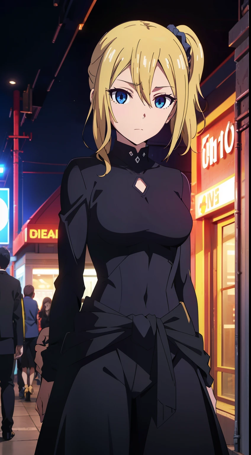 hayasaka, blonde hair, blue eyes, hair Scrunchie, side ponytail, Scrunchie, 1 girl, hair ornaments, alone, hair between eyes, (niji cyberpunk clothing, city, night),
beautiful Finger, beautiful body, beautiful character design, perfect eyes, perfect face, expressive eyes, looking at the viewer, Show up to your knees, sexy pose, in the center of the image, official art, High Definition CG Unity, Perfect lit, bright_front_face_lit, (table top:1.0),(Highest_quality:1.0), 4k, Super detailed, photograph, 8k, nffsw, High resolution, (absurd:1.2), kodak portrait 400, film grain, Lens flare, (lively_color:1.2),  (beautiful_medium breasts:1.4), (beautiful_face:1.3),(narrow_waist),
