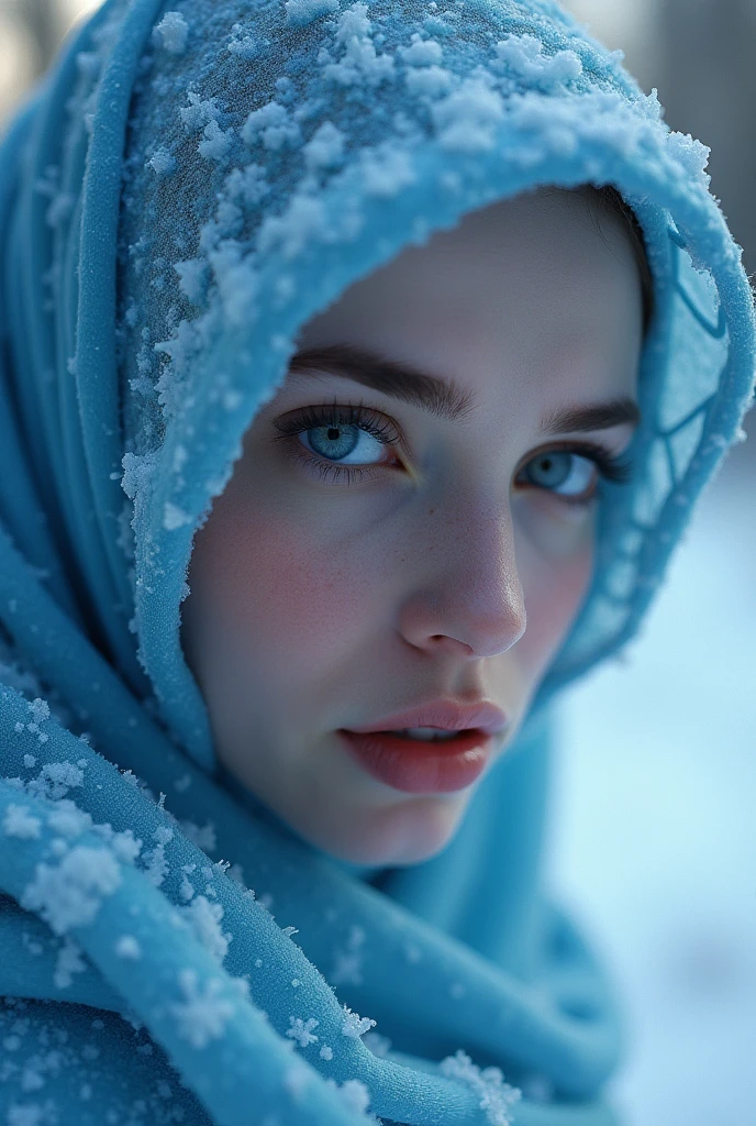 instagram photo of 29 years old female, closeup, RAW, masterpiece, realistic, hyper realistic, muted color, film grain, looking at viewer, white walker's winter wrap looking game of thrones icy undead, repressive, freckles, European, ([Angelina Jolie|Alessandra Ambrosio|Kat Dennings]:0.7), wearing Yellow Chador,