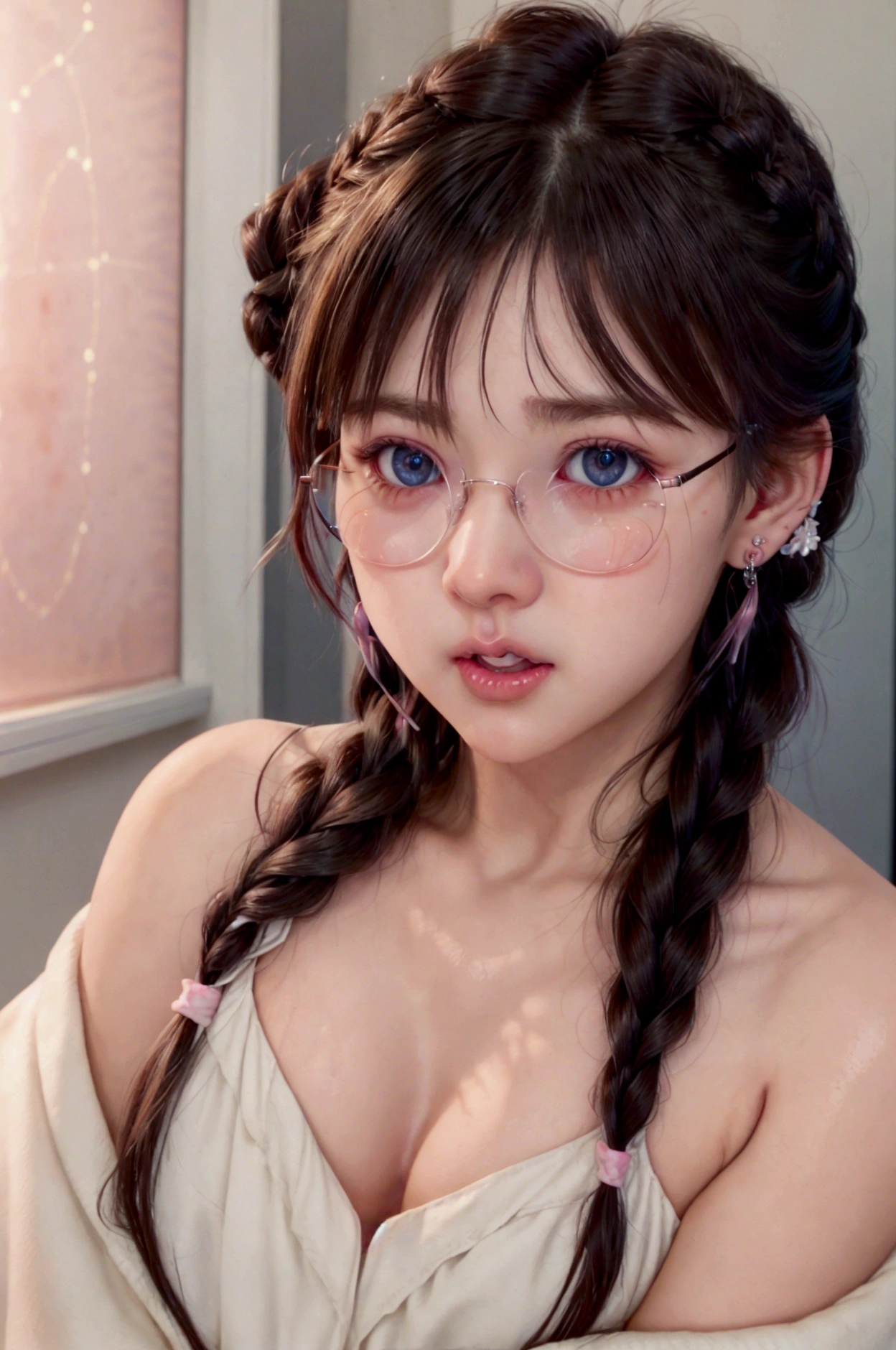 hair between eyes, french braid, crossed bangs, rimless eyewear, x-shaped pupils, tears, earrings, blush, open mouth, yandere, oral invitation, Verism, Pointillism, ray tracing, glowing light, framed, from above, Canon, 16k, best quality, high details, anatomically correct