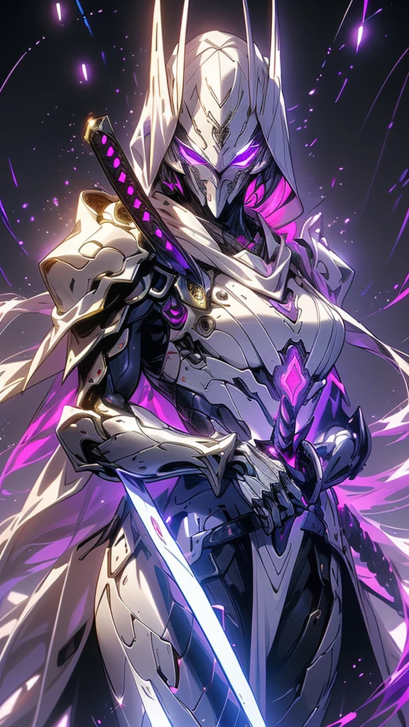  surrenders, hyper realistic,  super detailed, ( cyber samurai with purple sword ,  1 girl , ((Alone)), (Has a purple sword ) , (alert posture) ,  wears fuchsia armor and a mask, Cape, Shineing beautiful purple eyes, Shine:1.3) (Shineing simple black background:1.25),woman、 Picnic、 long hair 、 white cloak、whole body、Big Breasts、Angel's Big Wings