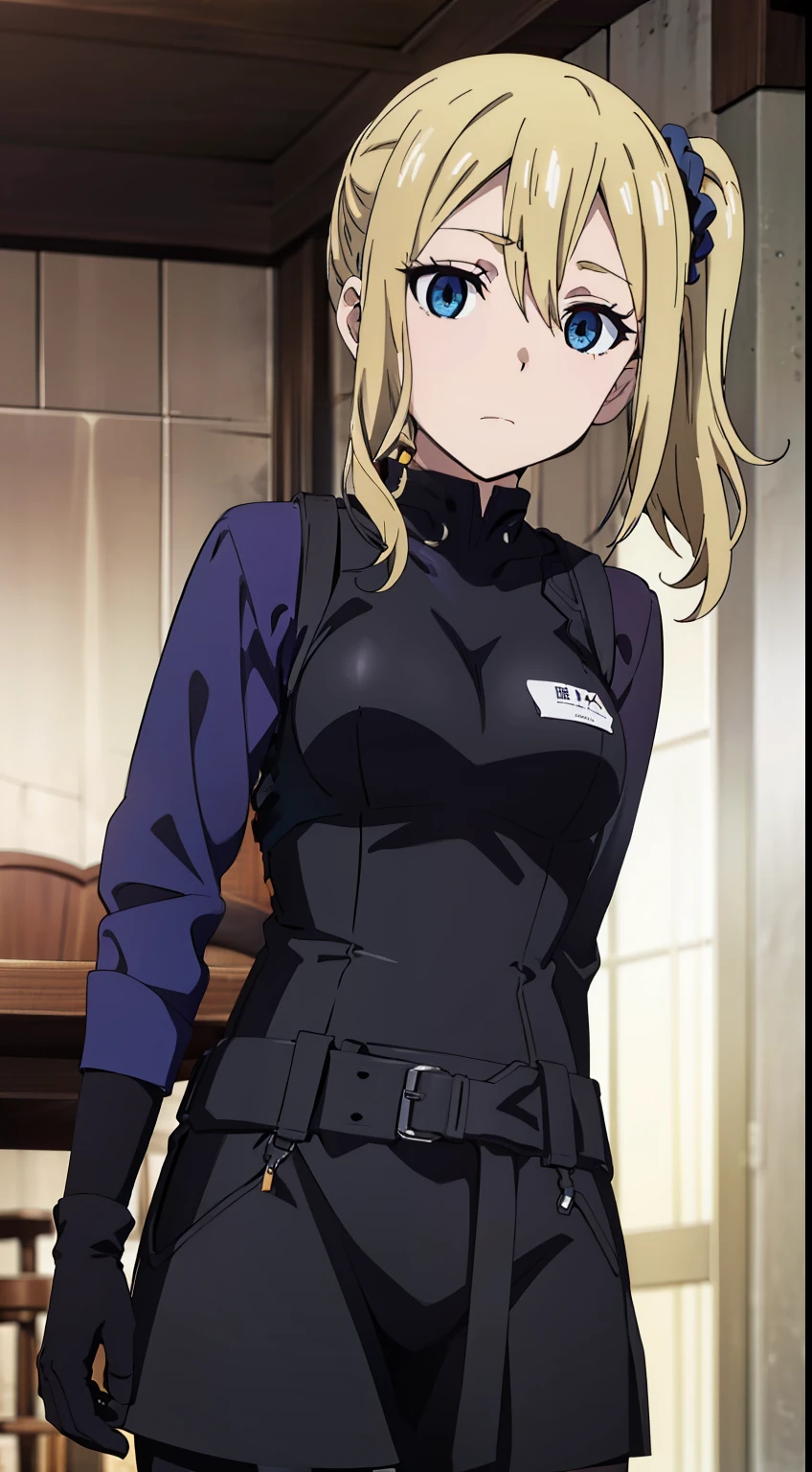 hayasaka, blonde hair, blue eyes, hair Scrunchie, side ponytail, Scrunchie, 1 girl, hair ornaments, alone, hair between eyes, (techwear jacket, black gloves, tactical vest, with buckle and tape),
beautiful Finger, beautiful body, beautiful character design, perfect eyes, perfect face, expressive eyes, looking at the viewer, Show up to your knees, sexy pose, in the center of the image, official art, High Definition CG Unity, Perfect lit, bright_front_face_lit, (table top:1.0),(Highest_quality:1.0), 4k, Super detailed, photograph, 8k, nffsw, High resolution, (absurd:1.2), kodak portrait 400, film grain, Lens flare, (lively_color:1.2),  (beautiful_medium breasts:1.4), (beautiful_face:1.3),(narrow_waist),
