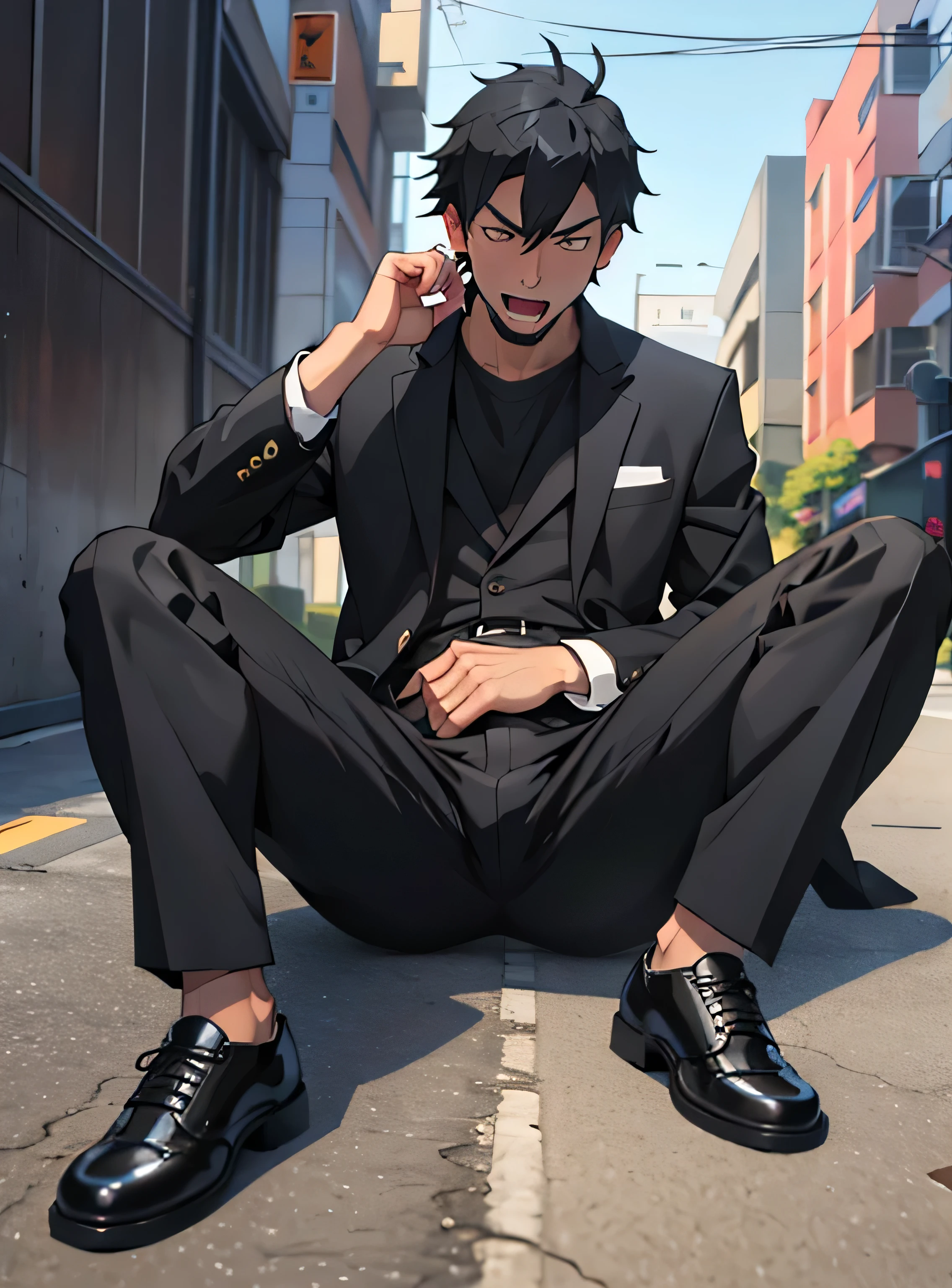 Age 30,father, Simple Black Single Suit ,  lying on the ground  ,Spread your legs wider,black belt,Black socks,Black leather shoes,logic, Gay , black hair, Shorthair, thick eyebrows,Stubble, Lightly Set Your Hair with Wax , Hachiman Hachiman,Masculine,salaryman,Mob characters,Bad Actor , The crotch part of the pants is bulging, Erotic 3D Finish , Open your mouth wide and scream,、Gunfight