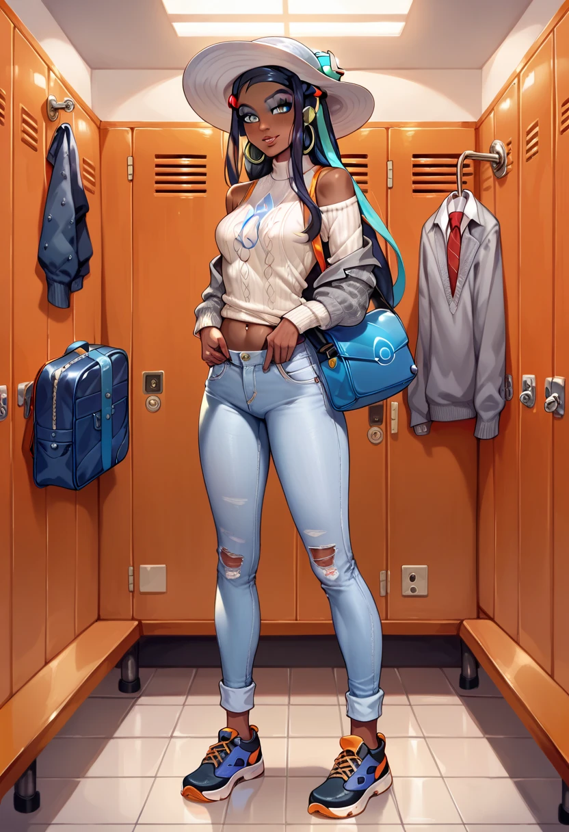 Illustration, realistic proportions, Nessa from Pokemon, grey round hat, grey shoulderfree sweater, white jeans, black shoes, blue sports bag, undressing in changing room