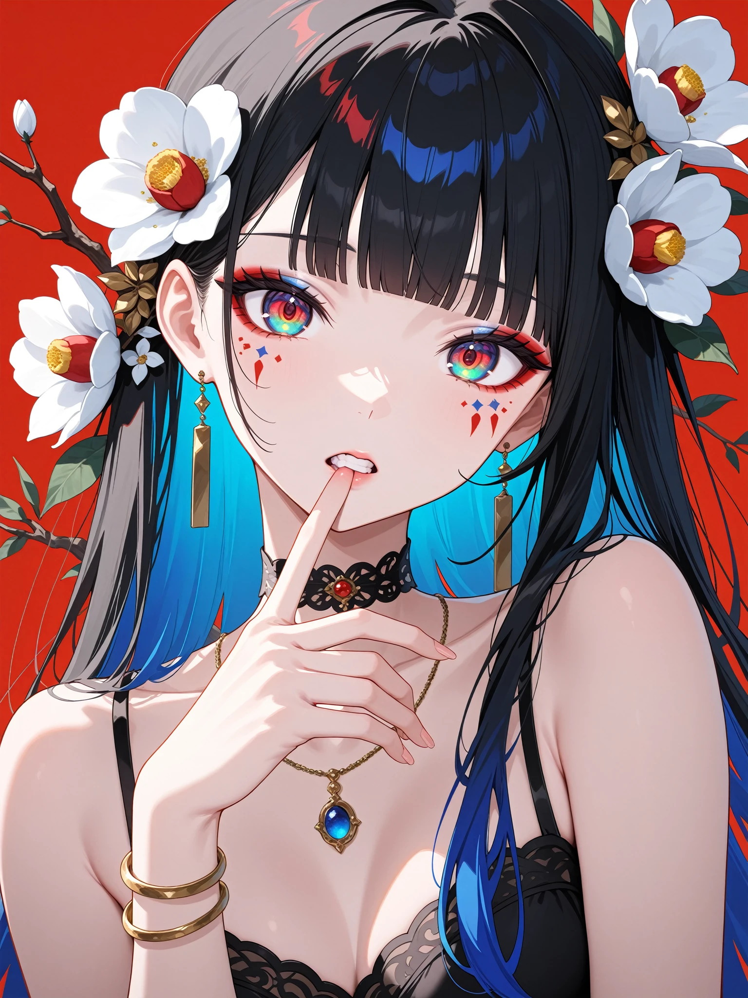 1girl, multicolored eyes, solo, flower, jewelry, red background, long hair, necklace, bracelet, hair flower, black hair, looking at viewer, hair ornament, simple background, upper body, teeth, multicolored hair, blunt bangs, finger to mouth, hand up, collarbone, makeup, choker, fingernails, parted lips, eyeshadow, red eyes, blue hair, white flower, gradient eyes, camellia, bare shoulders, branch, finger in own mouth, facial mark, leaf                                                                                                                   
 ,masterpiece,best quality,newest,
