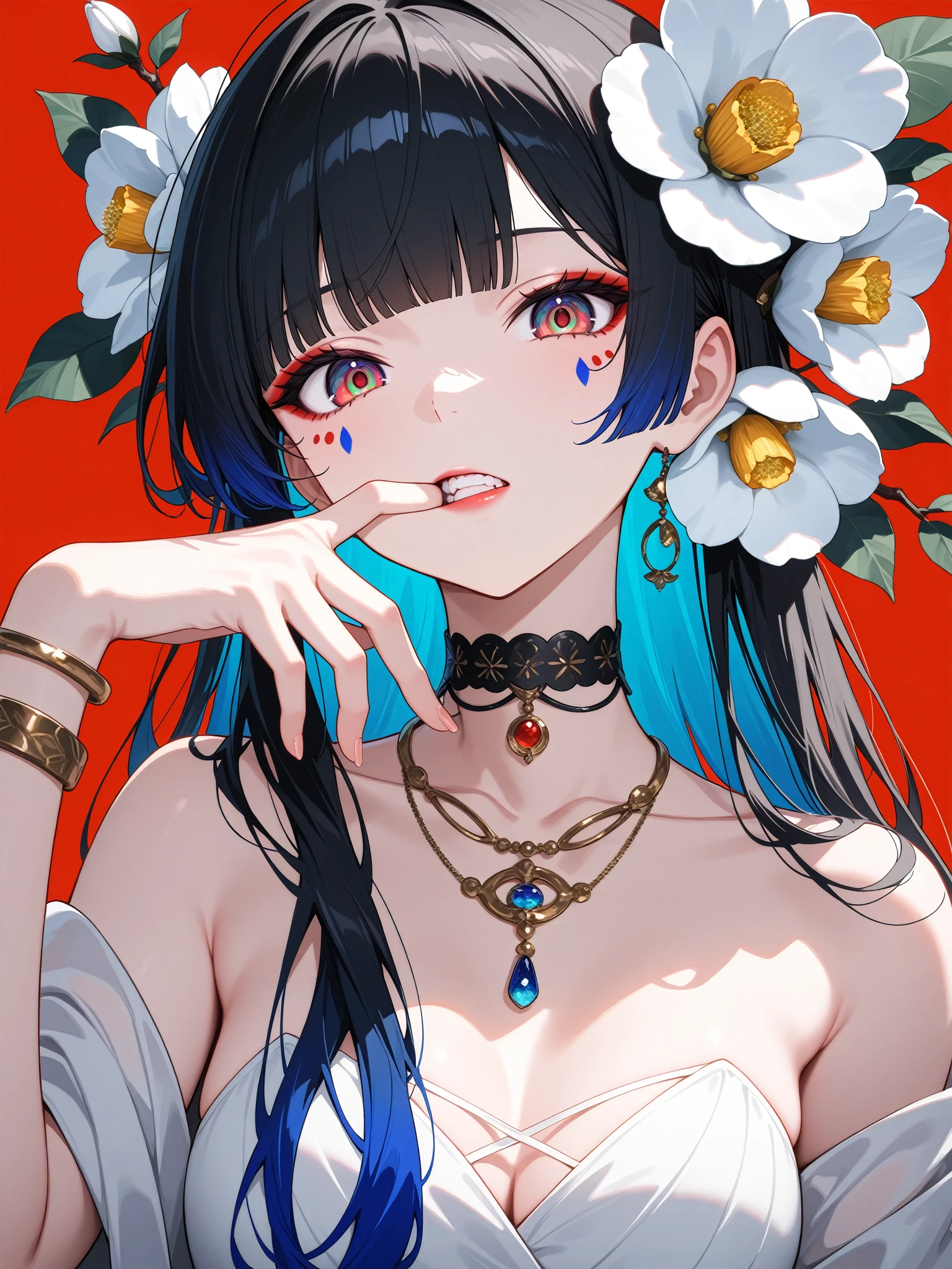 1girl, multicolored eyes, solo, flower, jewelry, red background, long hair, necklace, bracelet, hair flower, black hair, looking at viewer, hair ornament, simple background, upper body, teeth, multicolored hair, blunt bangs, finger to mouth, hand up, collarbone, makeup, choker, fingernails, parted lips, eyeshadow, red eyes, blue hair, white flower, gradient eyes, camellia, bare shoulders, branch, finger in own mouth, facial mark, leaf                                                                                                                   
 ,masterpiece,best quality,newest,
