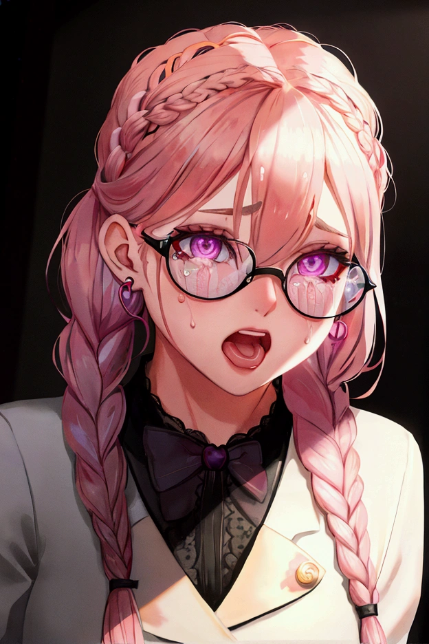 hair between eyes, french braid, crossed bangs, rimless eyewear, x-shaped pupils, tears, earrings, blush, open mouth, yandere, oral invitation, Verism, Pointillism, ray tracing, glowing light, framed, from above, Canon, 16k, best quality, high details, anatomically correct
