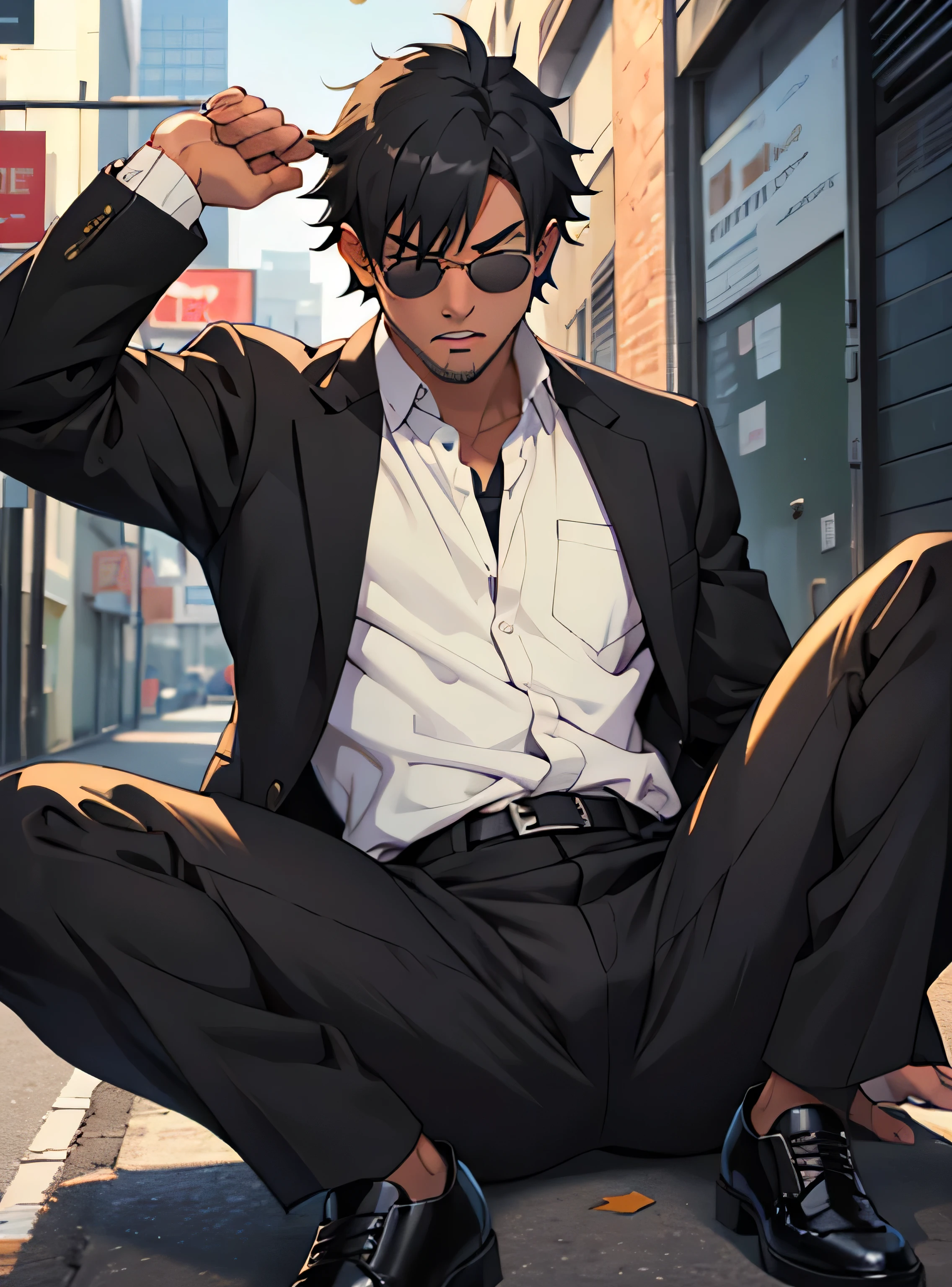 Age 30,father, Simple Black Single Suit ,  lying on the ground  ,Spread your legs wider,black belt,Black socks,Black leather shoes,logic, Gay , black hair, Shorthair, thick eyebrows,Stubble, Lightly Set Your Hair with Wax , Hachiman Hachiman,Masculine,salaryman,Mob characters,Bad Actor , The crotch part of the pants is bulging, Erotic 3D Finish , Open your mouth wide and scream,、Gunfight　 black sunglasses that don't depict me