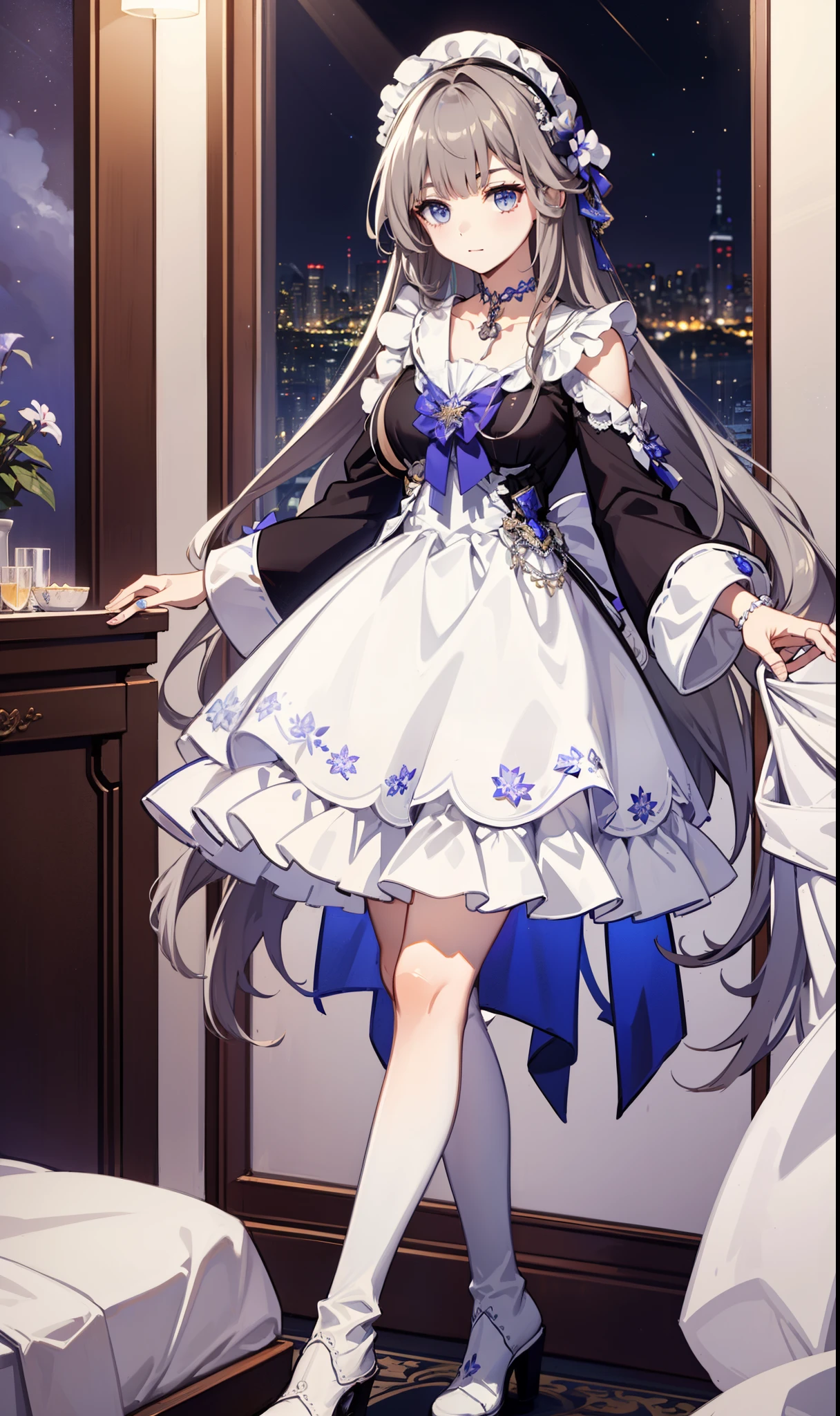 goddess，obsessed，have fun，in love，(White transparent maid uniform，With a long skirt)，Silver Hair，Blue Eyes，Transparent Clothes，Exquisite hair accessories，Transparent lace，Sky blue pattern，night，Dress nicely，bedroom，solitary，night，Engraved suspender boots，Beautiful face