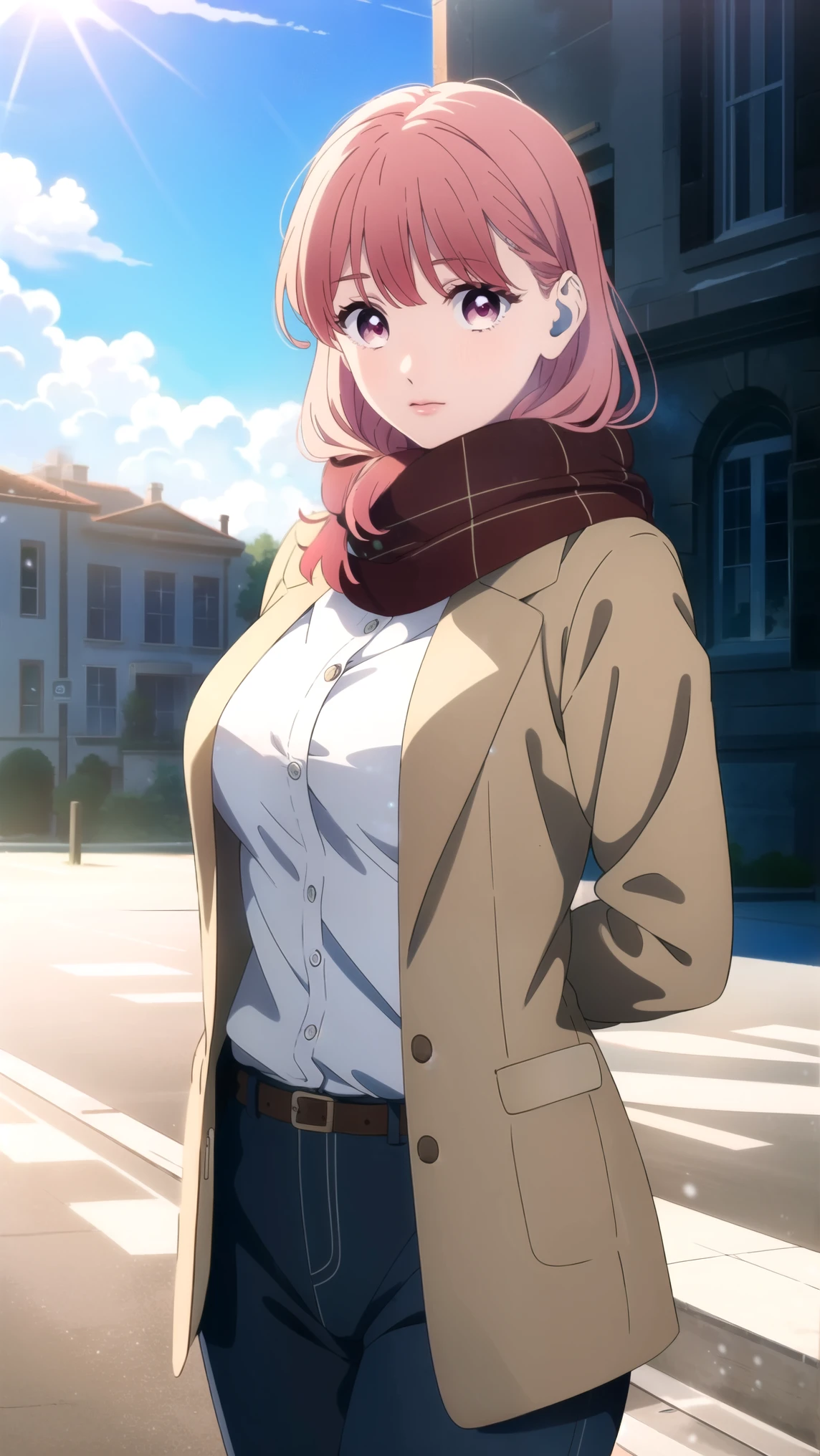 (shoujo style), ((hair detail, eyelash detail, bangs)), manhwa scene, yukiitose, yuki itose, long hair, pink hair, red hair, (pink eyes:1.3), BREAK long sleeve, scarf, jacket, brown jacket, BREAK outdoors, city, snow, snowflakes, sun, clouds, BREAK looks at the audience, (cowboy shot: 1.5), BREAK bright colors, natural lighting, RTX, (big breasts: 1.4), ((arms behind back)) beautiful, upper body, (masterpiece), (highest quality), best, high quality resolution, 8K, highly detailed, Digital Art , (Highly Detailed Background: 1.2), (realistic background), (intricate detail), award-winning, highly detailed, (illustration: 1.1), (cinematic lighting), soft lighting