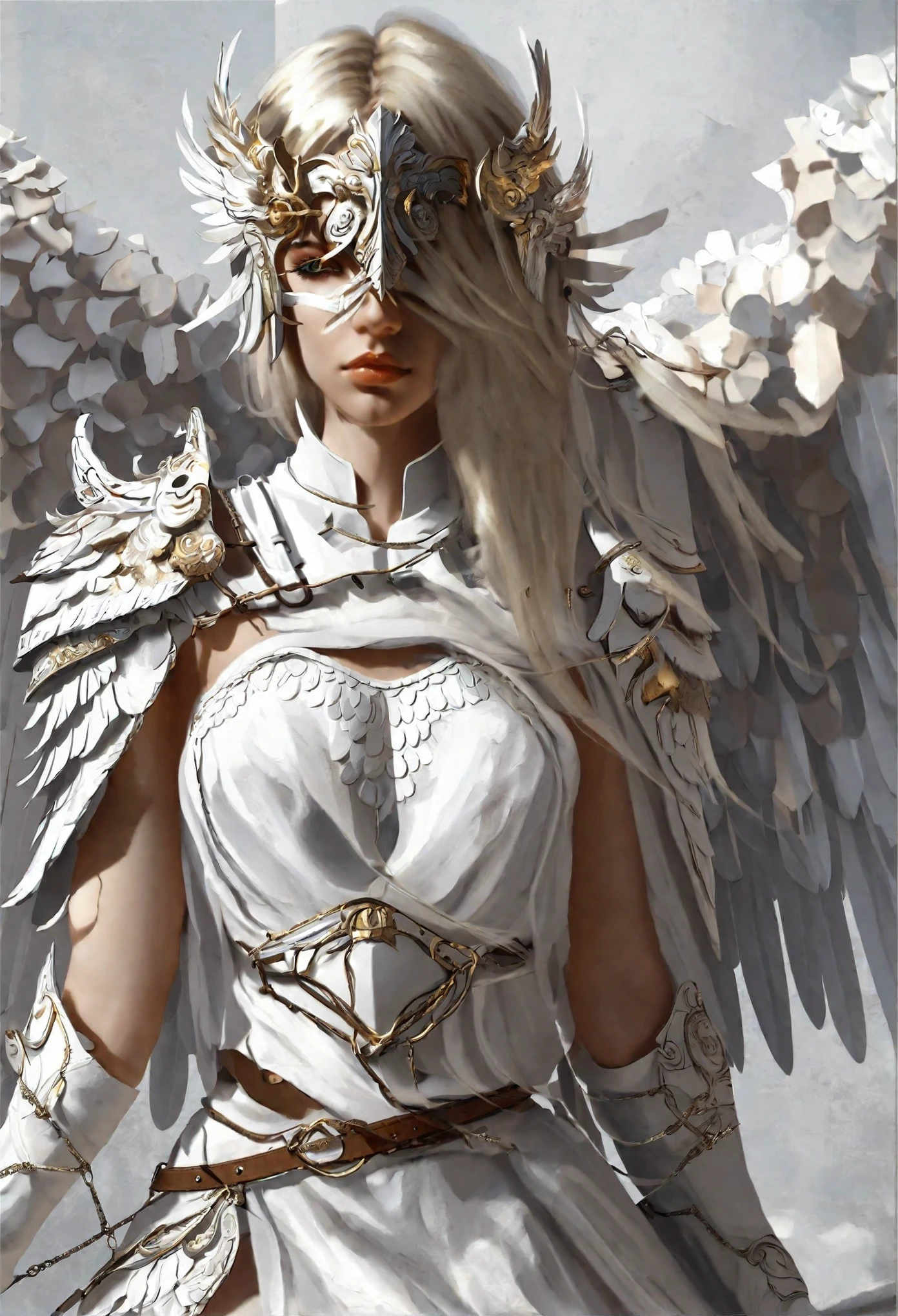 1 girl angel mask angel_wings armor feathers_Long wing feathers_Hair Shoulders Armor Shoulders_Single piece of armor_Wings separated upper part_The body is white_Theme White_Wings Wings