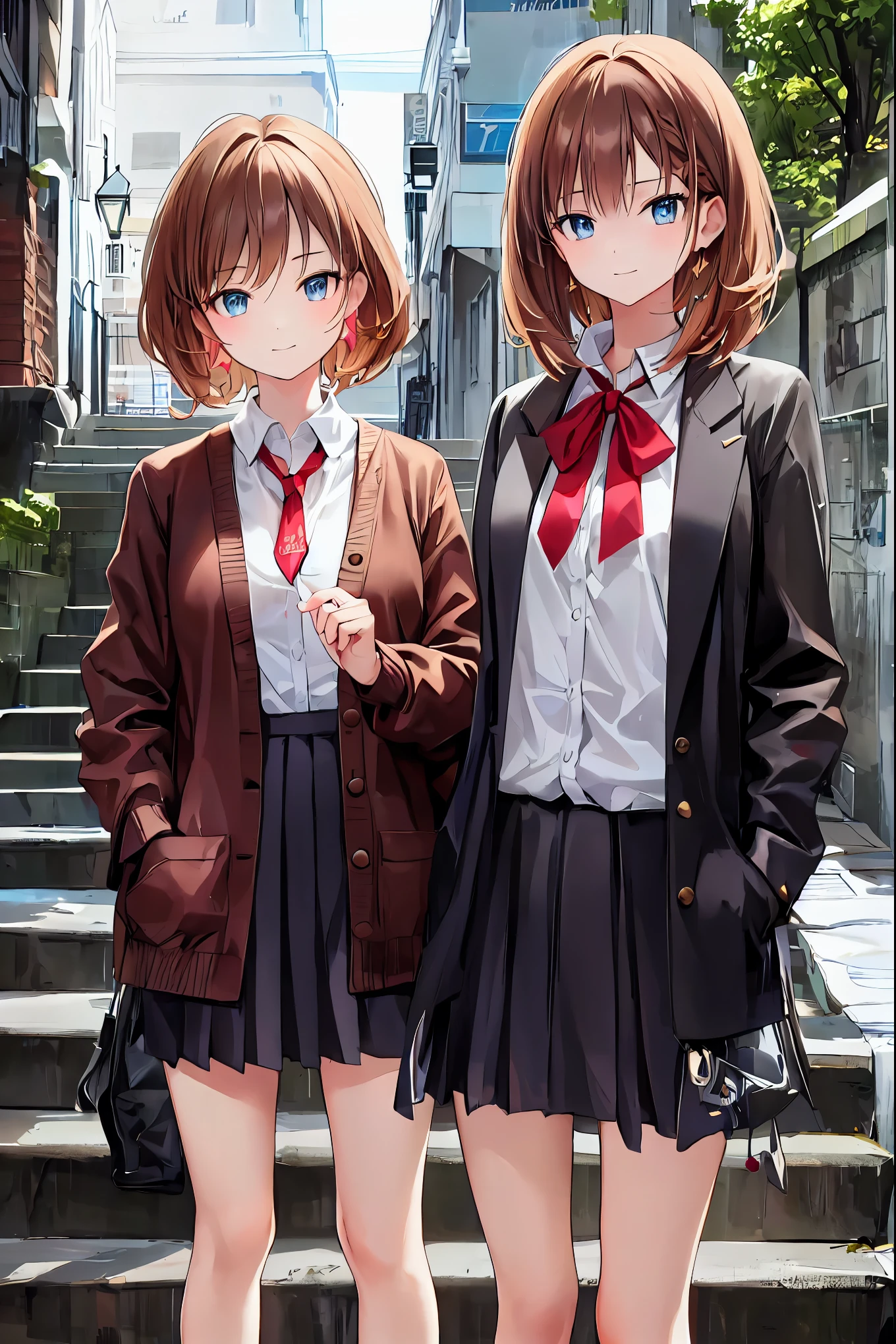 (( table top naked underneath the jacket, best quality, high definition , NFSDW, Pixel Perfect , 4K, NFSDW, NFSDW))), 1 girl, single, Alone, Beautiful Women、I can see my whole body 、 ((Mid-wave hair, bangs, brown hair)), (( Brown Eyes , Beautiful eyelashes, Realistic eyes)), (( Face Details , :1.2)), ((fine texture:0.75, Realistic texture:0.65, Realistic:1.1, anime styleCG )), medium breasts, dynamic angles, perfect body for a lawn, (( red tie, , black jacket , jacket, brown cardigan, white shirt, black skirt , check skirt)), City Stairs、 Looking up from the bottom of the stairs、 very embarrassed and flustered smile , Looking Back、 slouching forward、Brown Hair, short cut , unkempt hair,Short braided hair,Neat, slender beautiful,Correct posture,Small chest, beautiful legs, their enchanting gray-blue eyes are shining like stars,Droopy eyes, bright color , beautiful eyes,A delicate smile,Textured Skin, best quality best ,優しくて Beautiful Women, anime style、