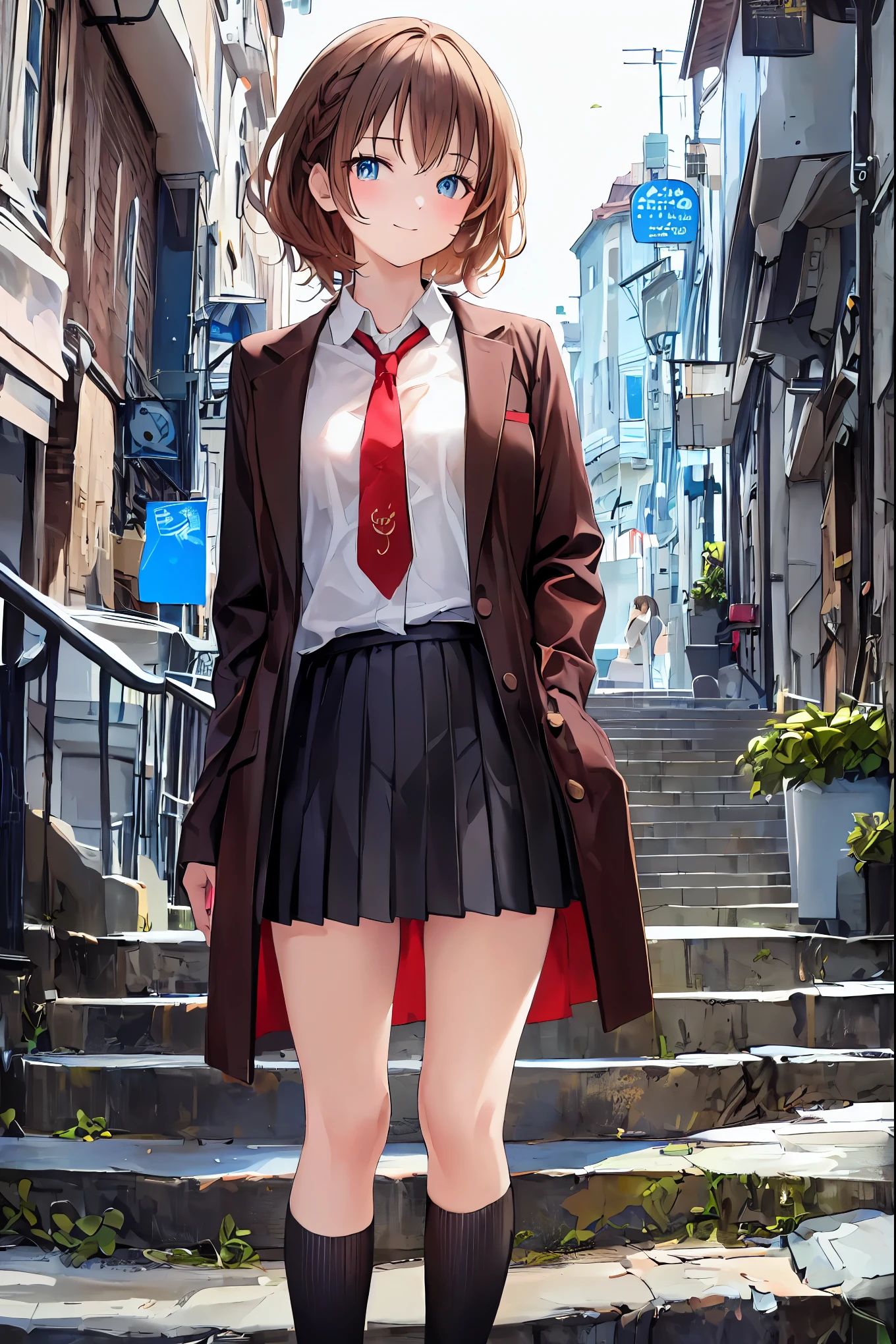 (( table top naked underneath the jacket, best quality, high definition , NFSDW, Pixel Perfect , 4K, NFSDW, NFSDW))), 1 girl, single, Alone, Beautiful Women、I can see my whole body 、 ((Mid-wave hair, bangs, brown hair)), (( Brown Eyes , Beautiful eyelashes, Realistic eyes)), (( Face Details , :1.2)), ((fine texture:0.75, Realistic texture:0.65, Realistic:1.1, anime styleCG )), medium breasts, dynamic angles, perfect body for a lawn, (( red tie, , black jacket , jacket, brown cardigan, white shirt, black skirt , check skirt)), City Stairs、 Looking up from the bottom of the stairs、 very embarrassed and flustered smile , Looking Back、 slouching forward、Brown Hair, short cut , unkempt hair,Short braided hair,Neat, slender beautiful,Correct posture,Small chest, beautiful legs, their enchanting gray-blue eyes are shining like stars,Droopy eyes, bright color , beautiful eyes,A delicate smile,Textured Skin, best quality best ,優しくて Beautiful Women, anime style、