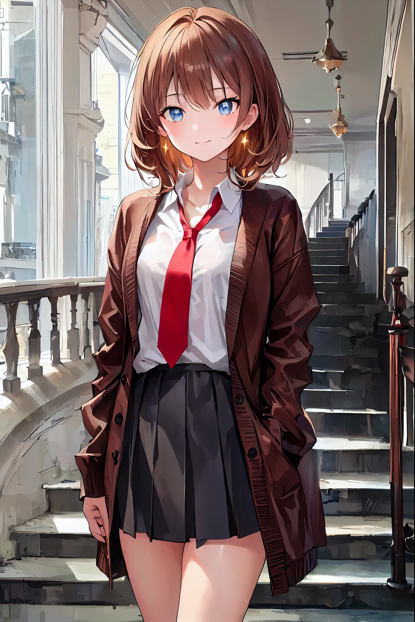 (( table top naked underneath the jacket, best quality, high definition , NFSDW, Pixel Perfect , 4K, NFSDW, NFSDW))), 1 girl, single, Alone, Beautiful Women、I can see my whole body 、 ((Mid-wave hair, bangs, brown hair)), (( Brown Eyes , Beautiful eyelashes, Realistic eyes)), (( Face Details , :1.2)), ((fine texture:0.75, Realistic texture:0.65, Realistic:1.1, anime styleCG )), medium breasts, dynamic angles, perfect body for a lawn, (( red tie, , black jacket , jacket, brown cardigan, white shirt, black skirt , check skirt)), City Stairs、 Looking up from the bottom of the stairs、 very embarrassed and flustered smile , Looking Back、 slouching forward、Brown Hair, short cut , unkempt hair,Short braided hair,Neat, slender beautiful,Correct posture,Small chest, beautiful legs, their enchanting gray-blue eyes are shining like stars,Droopy eyes, bright color , beautiful eyes,A delicate smile,Textured Skin, best quality best ,優しくて Beautiful Women, anime style、