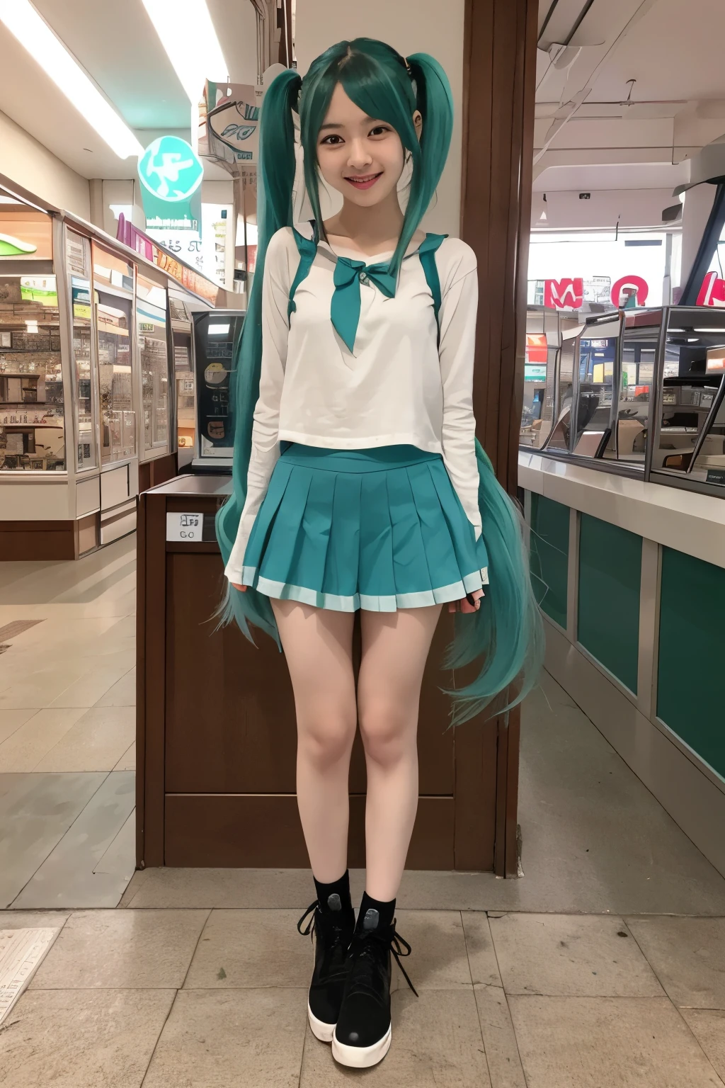 Standing in a cute spacious room、Cute blue hair、Young girl with twin tails、Japanese、Makeup and a pretty face like an idol、Smiling、Cute outfitini skirt、Full body portrait