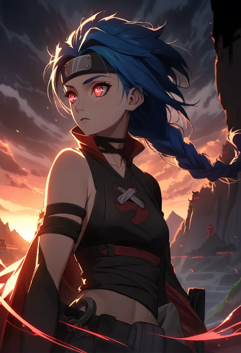 A reimagined adult female character inspired by Jinx from Arcane, styled in the distinct art style of Naruto Shippuden. She has long, vibrant blue hair styled into a single thick braid that falls over her shoulder, with loose strands framing her sharp, angular features. Her large, almond-shaped eyes radiate seriousness and focus, with subtle dark circles under them adding a battle-hardened and intense look. Her face is defined by clean lines, a small pointed nose, and sharp cheekbones, perfectly fitting the bold, expressive designs of Naruto Shippuden.

She is mid-action, leaping dynamically through the air, holding a sleek, futuristic pistol with glowing chakra-like blue patterns, designed to fit seamlessly into the ninja-inspired world. She wears the iconic Akatsuki cloak, its black fabric adorned with vivid red cloud symbols, flowing dramatically as she moves. Her outfit underneath consists of dark ninja gear that complements her rebellious nature. On her forehead is a headband with the metal plate engraved with the symbol of Konoha, slashed through the middle, signifying her rogue status and defection. The scratched metal reflects the surrounding light, adding to the ominous and powerful imagery.

The background depicts a dramatic scene of a vast, Japanese-inspired fortress built into a mountain range, with the surrounding area shrouded in mist and swirling winds. The sky above is turbulent, with storm clouds and streaks of orange and red from the setting sun, creating a moody and intense atmosphere. The entire composition captures the gritty and detailed aesthetic of Naruto Shippuden, immersing the character into its world seamlessly.