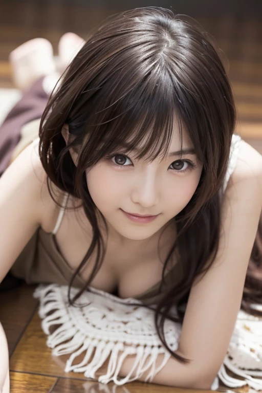  Japanese model in a brown dress lying on the floor, beautiful young japanese female,   slim female model pictures, Elegant and glamorous Japanese woman ,   beautiful female model ,   Beautiful Model Girls ,  looking at the camera、Detailed and beautiful eyes、 cute smile、 soft and gentle expression 