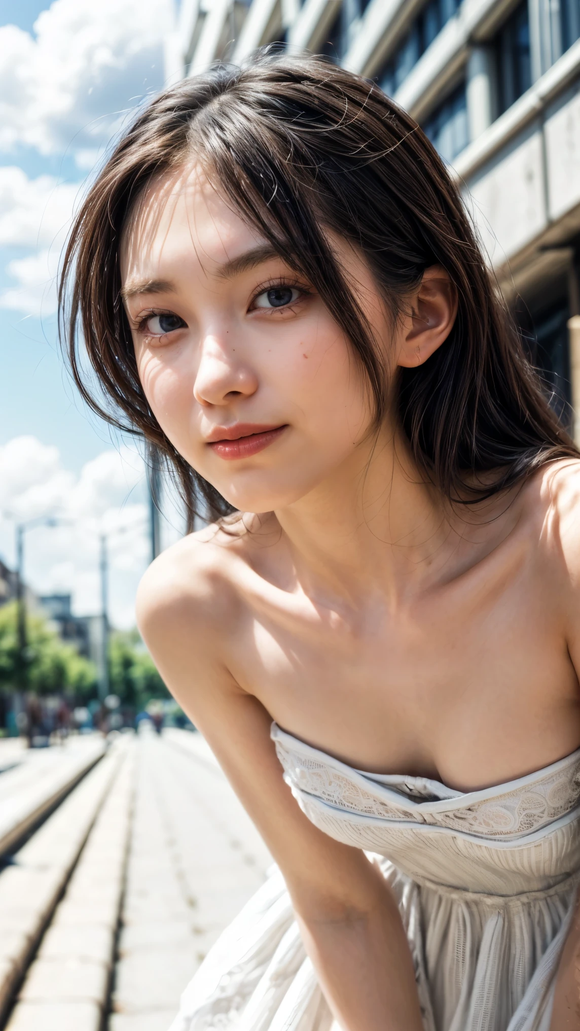 (realistic, photo-realistic:1.37), (masterpiece, best quality), high resolution, intricate details, extremely detailed, cinematic lighting, gravure photography, portrait, solo, a Japanese young female idol, (face focus, close-up face, standing leaning forward, forward bending:1.5), (strapless dress, sleeveless:1.2), (small breasts), (dark hair, straight hair, forehead), pale skin, fine-textured skin, (detailed face, detailed black eyes, symmetrical eyes, beautiful pupils, sophisticated nose, smile), 
photo background, outdoors, urban scape, daytime, sunny, blue sky and clouds,