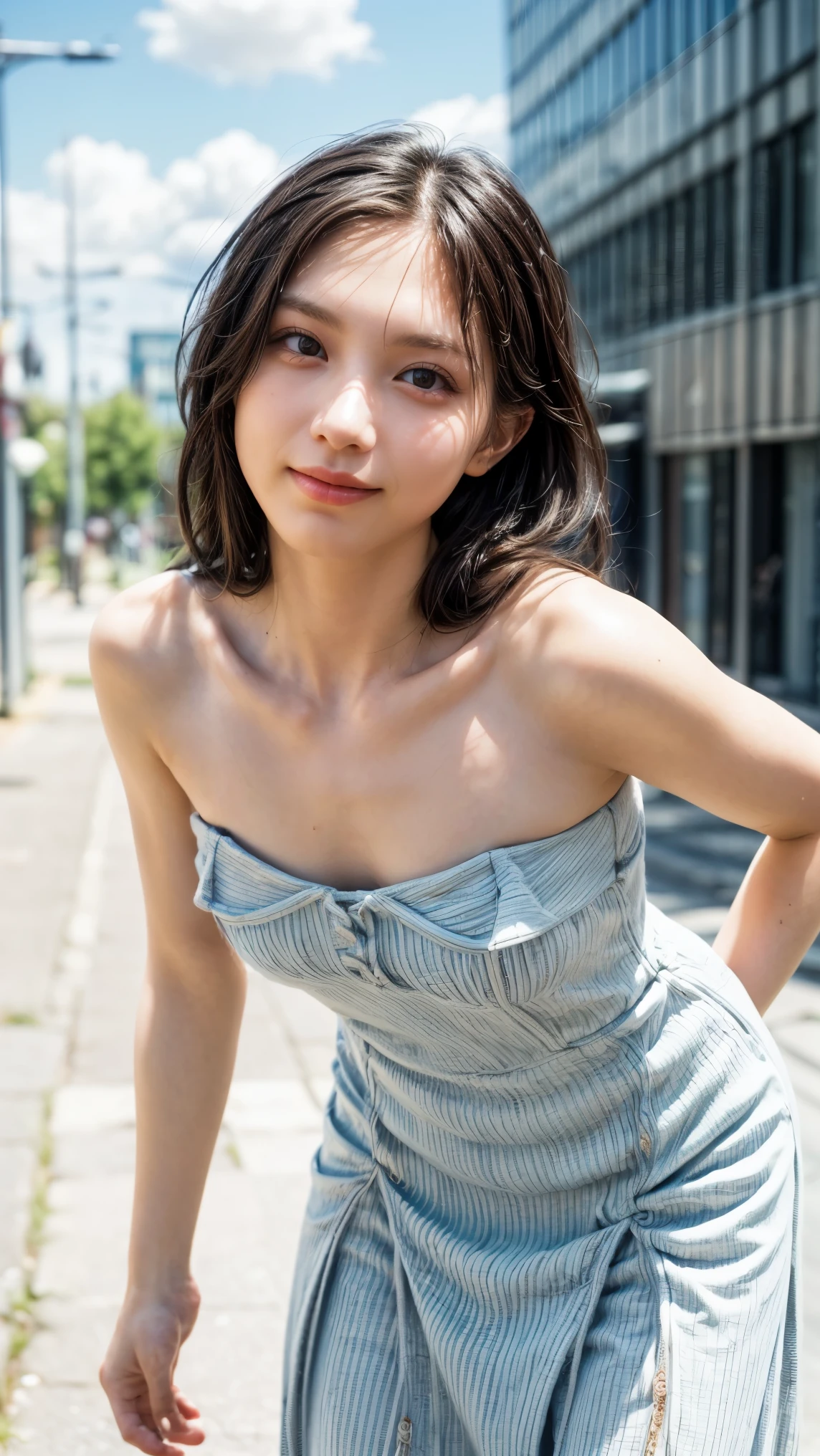 (realistic, photo-realistic:1.37), (masterpiece, best quality), high resolution, intricate details, extremely detailed, cinematic lighting, gravure photography, portrait, solo, a Japanese young female idol, (face focus, close-up face, standing leaning forward, forward bending:1.5), (strapless dress, sleeveless:1.2), (small breasts), (dark hair, straight hair, forehead), pale skin, fine-textured skin, (detailed face, detailed black eyes, symmetrical eyes, beautiful pupils, sophisticated nose, smile), 
photo background, outdoors, urban scape, daytime, sunny, blue sky and clouds,