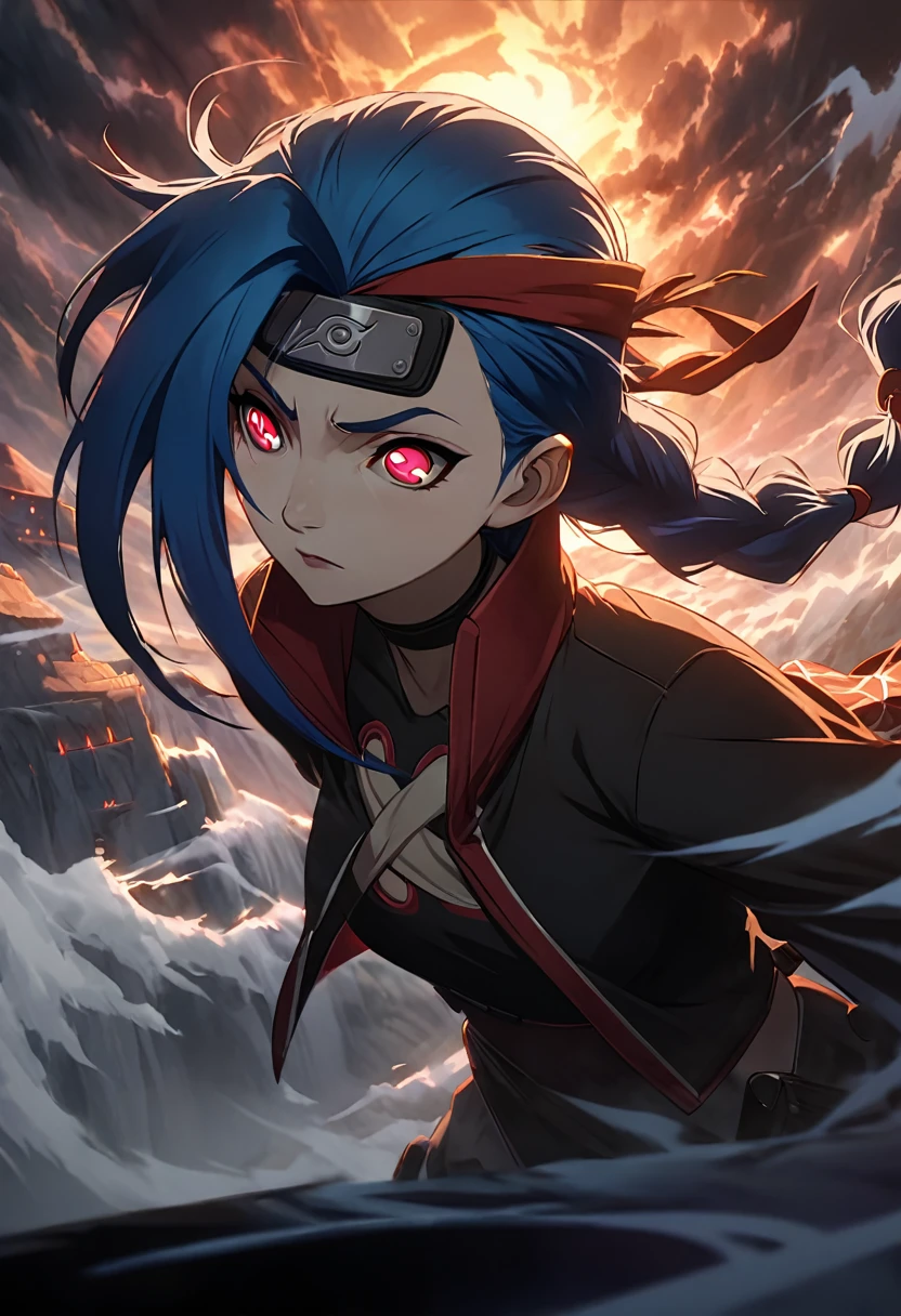 A reimagined adult female character inspired by Jinx from Arcane, styled in the distinct art style of Naruto Shippuden. She has long, vibrant blue hair styled into a single thick braid that falls over her shoulder, with loose strands framing her sharp, angular features. Her large, almond-shaped eyes radiate seriousness and focus, with subtle dark circles under them adding a battle-hardened and intense look. Her face is defined by clean lines, a small pointed nose, and sharp cheekbones, perfectly fitting the bold, expressive designs of Naruto Shippuden.

She is mid-action, leaping dynamically through the air, holding a sleek, futuristic pistol with glowing chakra-like blue patterns, designed to fit seamlessly into the ninja-inspired world. She wears the iconic Akatsuki cloak, its black fabric adorned with vivid red cloud symbols, flowing dramatically as she moves. Her outfit underneath consists of dark ninja gear that complements her rebellious nature. On her forehead is a headband with the metal plate engraved with the symbol of Konoha, slashed through the middle, signifying her rogue status and defection. The scratched metal reflects the surrounding light, adding to the ominous and powerful imagery.

The background depicts a dramatic scene of a vast, Japanese-inspired fortress built into a mountain range, with the surrounding area shrouded in mist and swirling winds. The sky above is turbulent, with storm clouds and streaks of orange and red from the setting sun, creating a moody and intense atmosphere. The entire composition captures the gritty and detailed aesthetic of Naruto Shippuden, immersing the character into its world seamlessly.