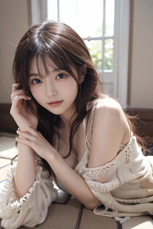  Japanese model in a brown dress lying on the floor, beautiful young japanese female,   slim female model pictures, Elegant and glamorous Japanese woman ,   beautiful female model ,   Beautiful Model Girls ,  looking at the camera、Detailed and beautiful eyes、 cute smile、 soft and gentle expression 