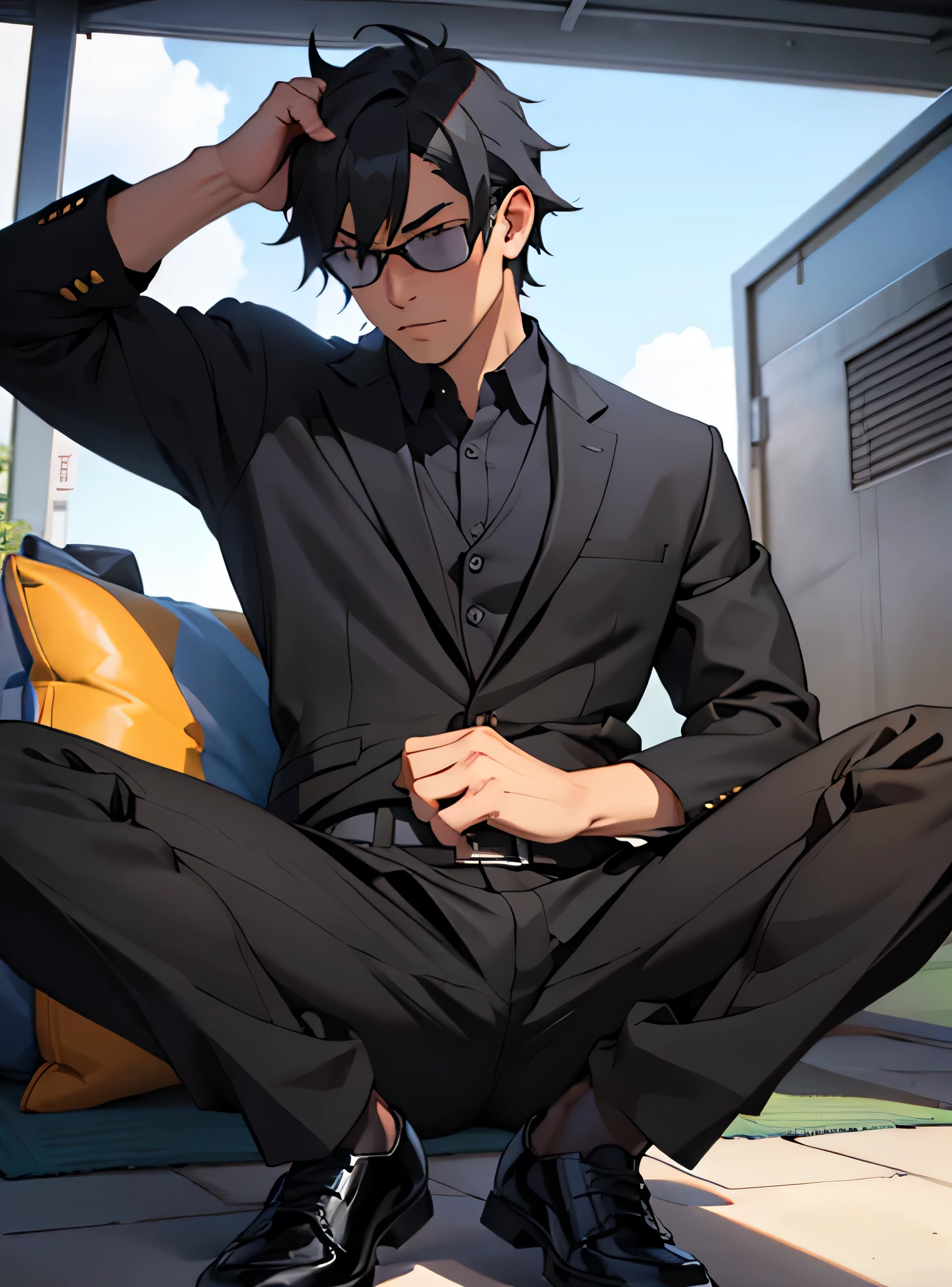 Age 30,father, Simple Black Single Suit ,  lying on the ground  ,Spread your legs wider,black belt,Black socks,Black leather shoes,logic, Gay , black hair, Shorthair, thick eyebrows,Stubble, Lightly Set Your Hair with Wax , Hachiman Hachiman,Masculine,salaryman,Mob characters,Bad Actor , The crotch part of the pants is bulging, Erotic 3D Finish , Open your mouth wide and scream,、Gunfight　 black sunglasses that don't depict me