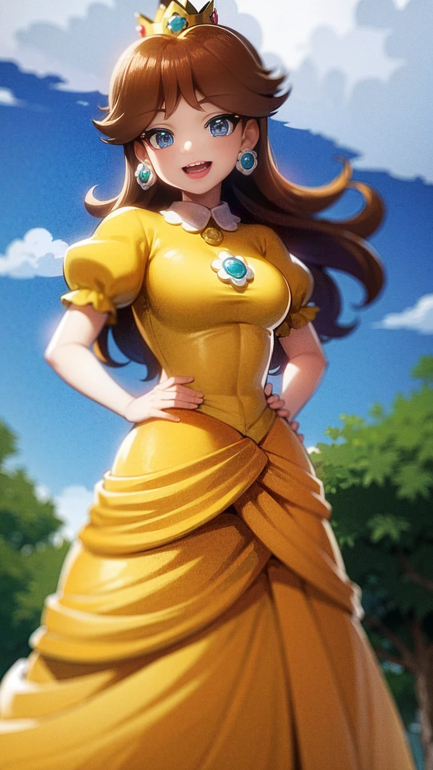 Princess daisy super mario, brown hair, blue eyes, short products hair, gold princess crown, flower earrings, yellow long dress, puffy short sleeves, flower brooch, open mouth, smile, flowers, outdoors, sky, cloudy sky, anime waifu style