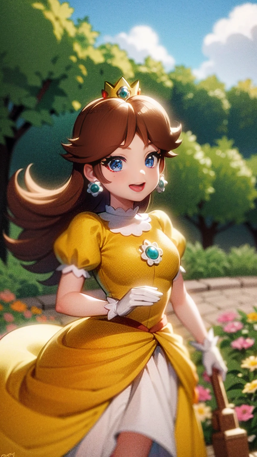 Princess daisy super mario, brown hair, blue eyes, short products hair, gold princess crown, flower earrings, yellow long dress, puffy short sleeves, flower brooch, open mouth, smile, flowers, outdoors, sky, cloudy sky, anime waifu style