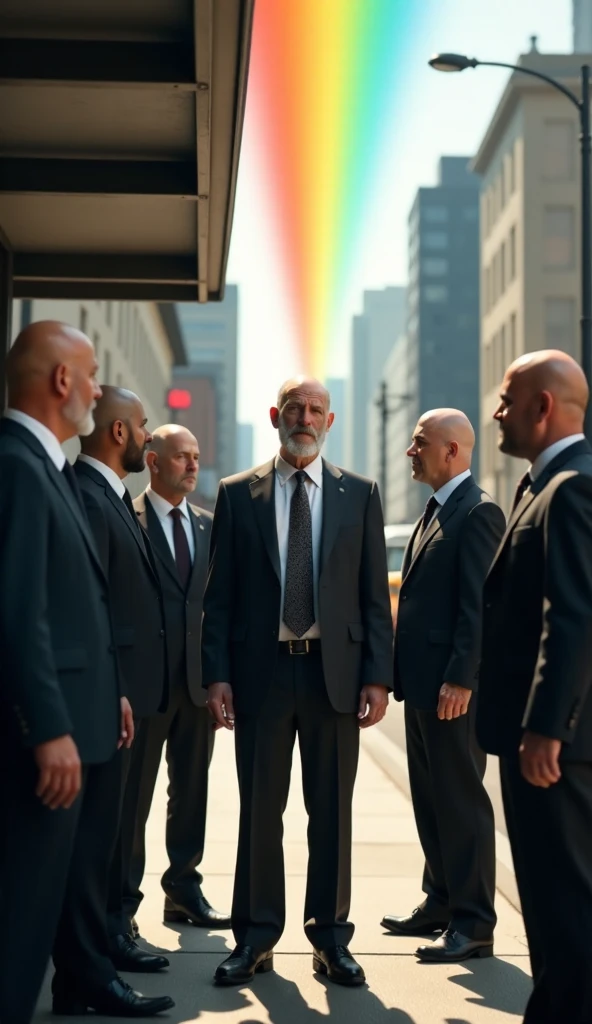 (((My bald dad 💭" I'm the beginning of the rainbow？")))Rainbow Bridge、Bald Head Businessman 、Bearded、７人のBald Head Businessman 、Bald-headed businessman shooting rainbows from his head 、 rainbow color for each person、Sunlight reflects on the head 、At the bus stop、The rainbow fairy old man 、 the old man is the beginning of the rainbow 、((( shouting " I'm the beginning of the rainbow？")))