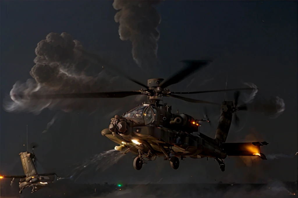  dark analog aerial photo of a ( Apache helicopter , ), ((At night)), ( flying over the Vietnam jungle  (on fire) At night), ( explosions on the ground ), barricades, (Traçantes shots), high detail, sharp focus, (photorealism), realistic,  Best Quality , 8k, award winning,  dramatic lighting , epic, cinematic, masterpiece, contour light, ( action movie ), war,    depth of field  ,  Dutch angle ,