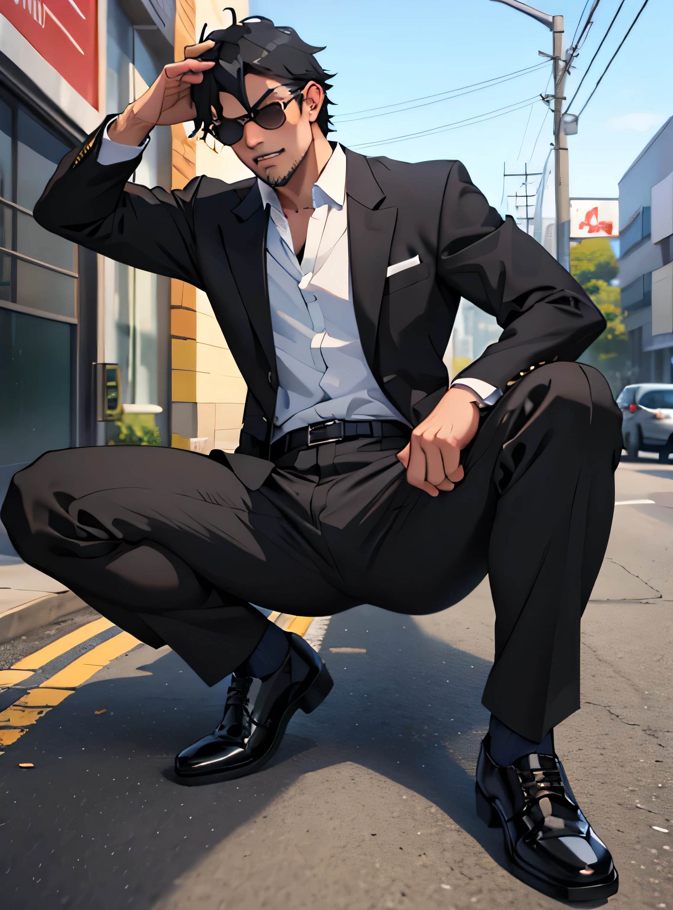 Age 30,father, Simple Black Single Suit ,  lying on the ground  ,Spread your legs wider,black belt,Black socks,Black leather shoes,logic, Gay , black hair, Shorthair, thick eyebrows,Stubble, Lightly Set Your Hair with Wax , Hachiman Hachiman,Masculine,salaryman,Mob characters,Bad Actor , The crotch part of the pants is bulging, Erotic 3D Finish , Open your mouth wide and scream,、Gunfight　 black sunglasses that don't depict me