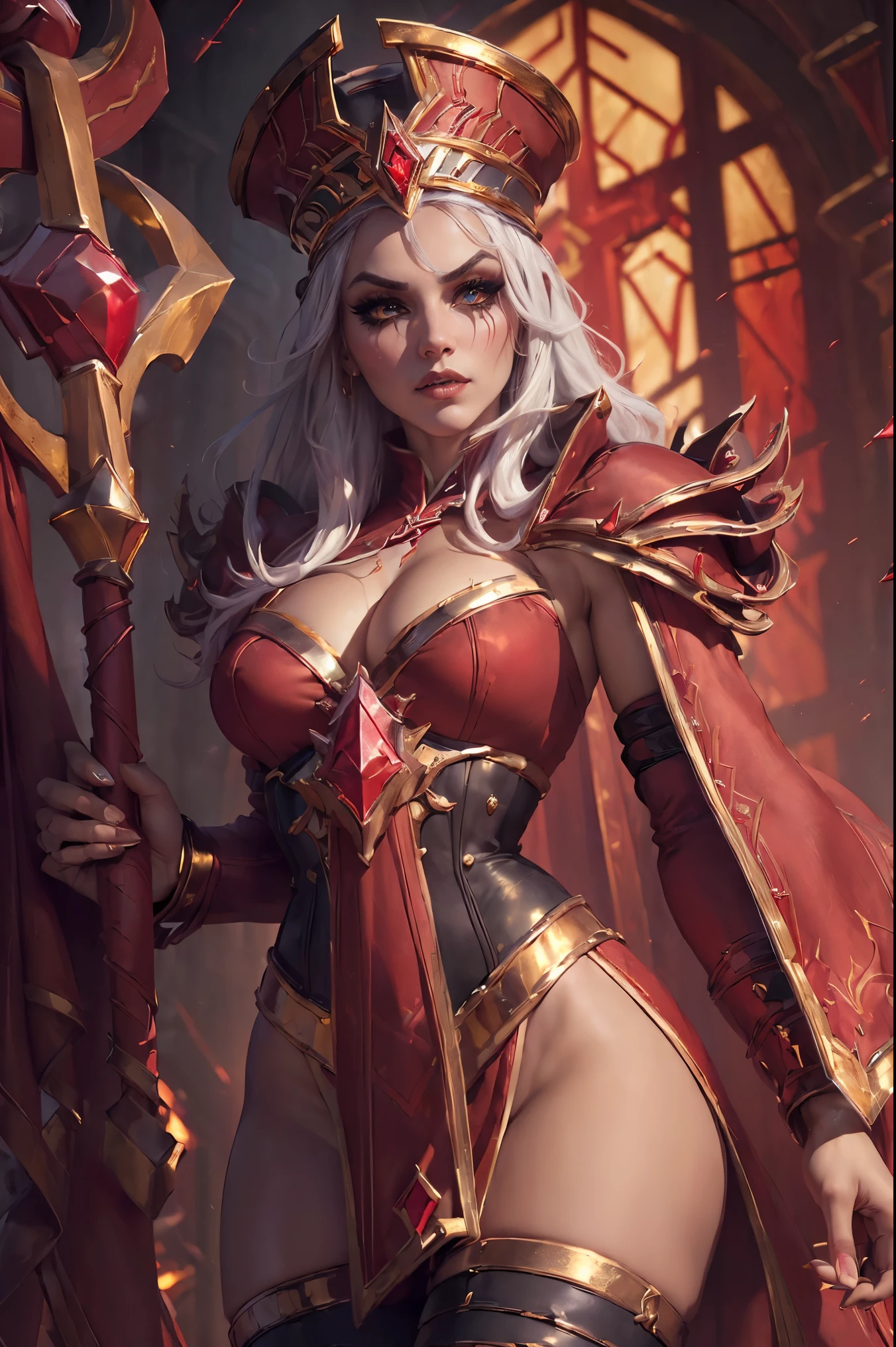 (masterpiece, high quality:1.8), (extremely detailed:1.5), (ambient lighting:1.4), Sally Whitemane, (1girl:1.2), mature female, (alluring:1.3), confident, determined expression, white hair, long flowing hair, (ornate jewelry:1.2), dramatic eyeshadow, (eyeshadow:1.8), iconic hat, intricate shoulder armor, (red robes with gold trim:1.6), gothic cathedral setting, dramatic light filtering through stained glass windows, (Scarlet Crusade theme:1.5), (provocative and captivating pose:1.4), aura of dominance and elegance