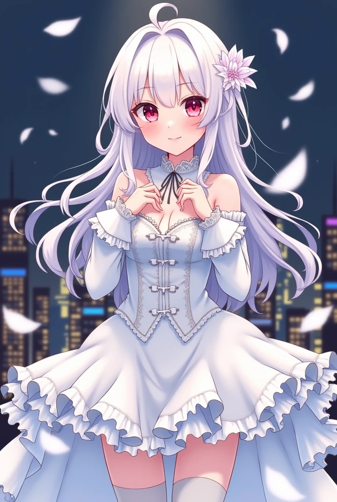 1 girl, absurdres, silver hair, violet eyes, long hair, blunt bangs, white sundress, rose gold watch, city, large breasts, smile, feminine