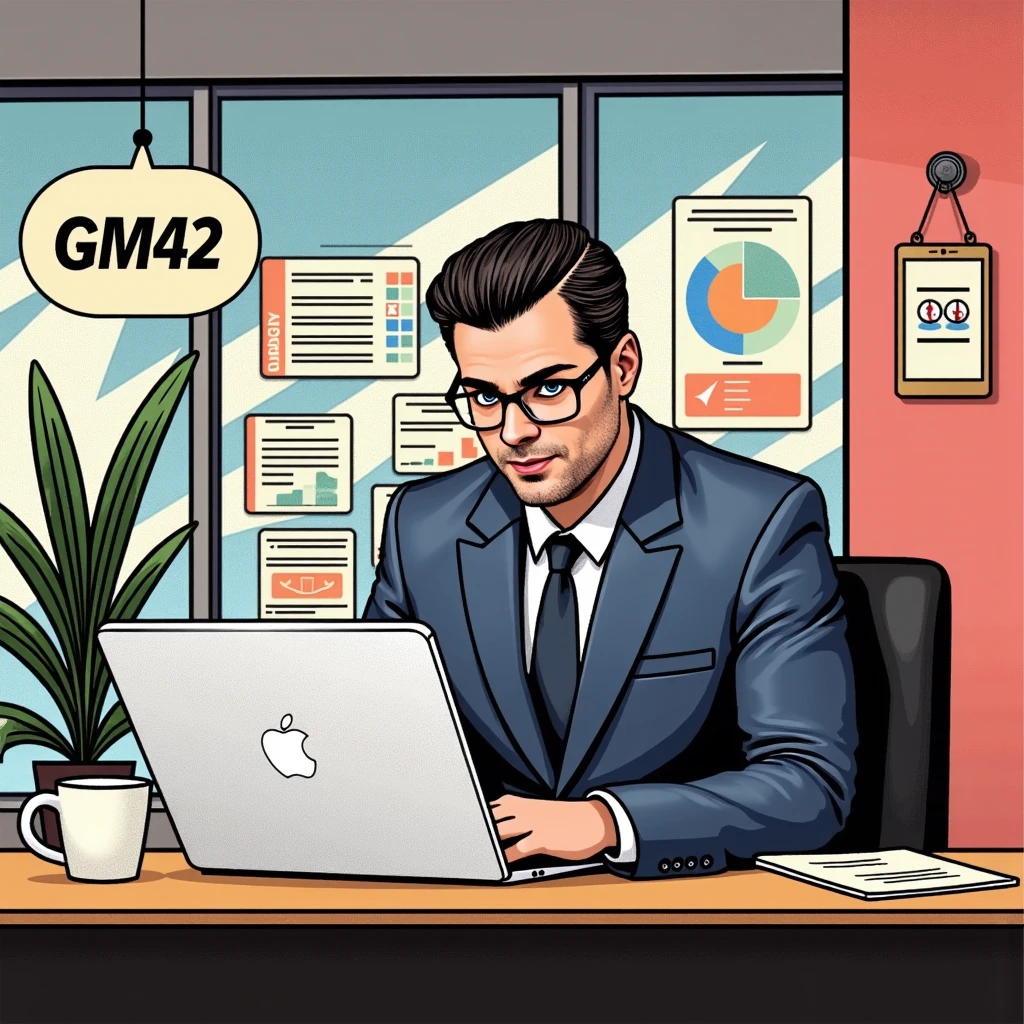 A comic-style pop-art illustration of a professional GM42 manager sitting at a desk in a modern office, focused on a MacBook Pro. The GM42 man has a Clean shaven, no beard or cheekbones, wears a sharp blue suit with a tie, and glasses, exuding confidence and competence. The workspace is vibrant and organized, with colorful charts, job postings, and documents pinned to a glass wall behind him. A potted plant adds a touch of greenery, and a coffee cup sits on the desk next to the laptop. The lighting is bright and cheerful, emphasizing productivity and creativity in a visually appealing pop-art style.