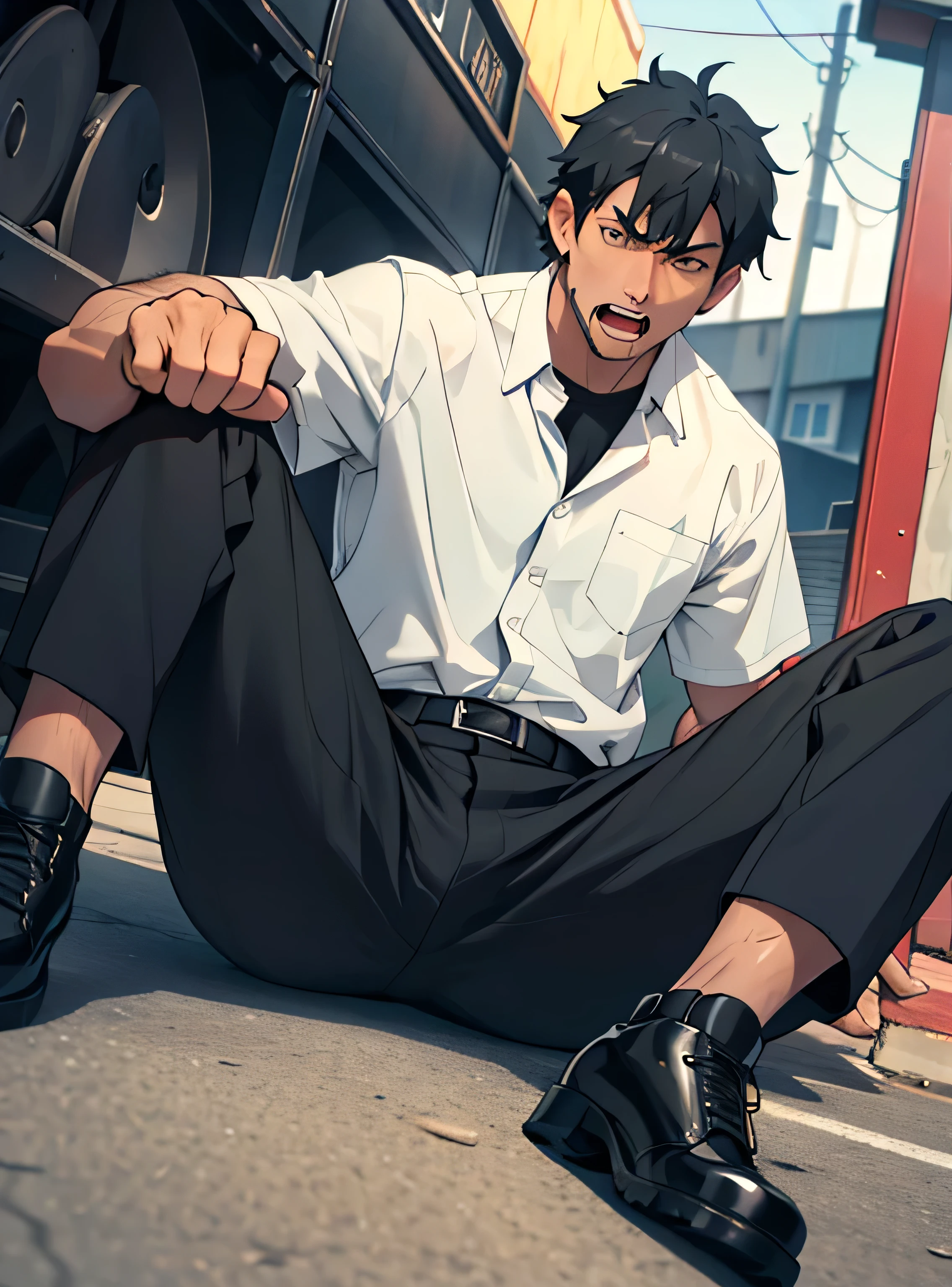 Age 30,father, Simple Black Single Suit ,  lying on the ground  ,Spread your legs wider,black belt,Black socks,Black leather shoes,logic, Gay , black hair, Shorthair, thick eyebrows,Stubble, Lightly Set Your Hair with Wax , Hachiman Hachiman,Masculine,salaryman,Mob characters,Bad Actor , The crotch part of the pants is bulging, Erotic 3D Finish , Open your mouth wide and scream,、Gunfight