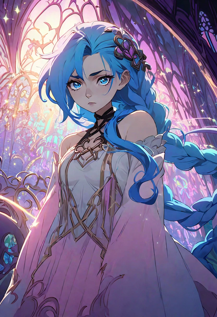 A reimagined adult female character inspired by Jinx from Arcane, styled in the enchanting Disney animation style, set against the backdrop of a majestic fairytale castle. She has long, vibrant blue hair styled into a single thick braid that cascades over her shoulder, with flowing, elegant strands framing her rounded, softly stylized face. Her large, expressive eyes, framed by long lashes, convey a serious and determined expression, with subtle hints of exhaustion adding depth to her personality. Her smooth, glowing skin and gentle features, including a small nose and soft cheekbones, reflect the classic Disney charm. She stands mid-action in a dynamic pose, gracefully holding a sleek, futuristic pistol reimagined with ornate, magical engravings and glowing details.

The castle behind her is a dreamy, towering structure with spires and intricate detailing, surrounded by lush greenery and softly glowing lights that give the scene an ethereal atmosphere. The color palette is inspired by classic Disney fairytales, with pastel tones of pink, blue, and gold. The scene is bathed in warm, magical lighting, with soft sparkles and glowing accents adding a touch of whimsy. The overall composition blends Jinx’s edgy character with a fairytale charm, creating a perfect fusion of Disney aesthetics and her unique personality.