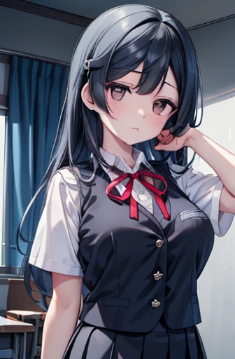 setunayuuki, Setsuna Yuuki, ( dark eyes:1.5),  black hair, Long Hair,  One side up, (medium breast:1.2), 
break armband, Blue vest, button, collared  shirt, dress  shirt, grey  skirt, neck ribbon, nijigasaki academy  school uniform, Check pattern, Check pattern  skirt, pleated  skirt, red ribbon, ribbon,  school uniform,  shirt, Short sleeve,  skirt,  summer uniform , vest, white  shirt,
break looking at viewer, 
break indoors, classroom, 
break (masterpiece:1.2),  best quality,  high definition ,   Unity 8K Wallpaper, (Illustration:0.8), ( beautiful detailed eyes:1.6),  extremely detailed face ,  perfect lighting,  highly detailed CG , (  perfect hand to get close to a mirror, perfect anatomy), Very Big Breasts 、