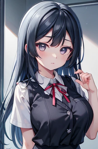 setunayuuki, Setsuna Yuuki, ( dark eyes:1.5),  black hair, Long Hair,  One side up, (medium breast:1.2), 
break armband, Blue vest, button, collared  shirt, dress  shirt, grey  skirt, neck ribbon, nijigasaki academy  school uniform, Check pattern, Check pattern  skirt, pleated  skirt, red ribbon, ribbon,  school uniform,  shirt, Short sleeve,  skirt,  summer uniform , vest, white  shirt,
break looking at viewer, 
break indoors, classroom, 
break (masterpiece:1.2),  best quality,  high definition ,   Unity 8K Wallpaper, (Illustration:0.8), ( beautiful detailed eyes:1.6),  extremely detailed face ,  perfect lighting,  highly detailed CG , (  perfect hand to get close to a mirror, perfect anatomy), Very Big Breasts 、