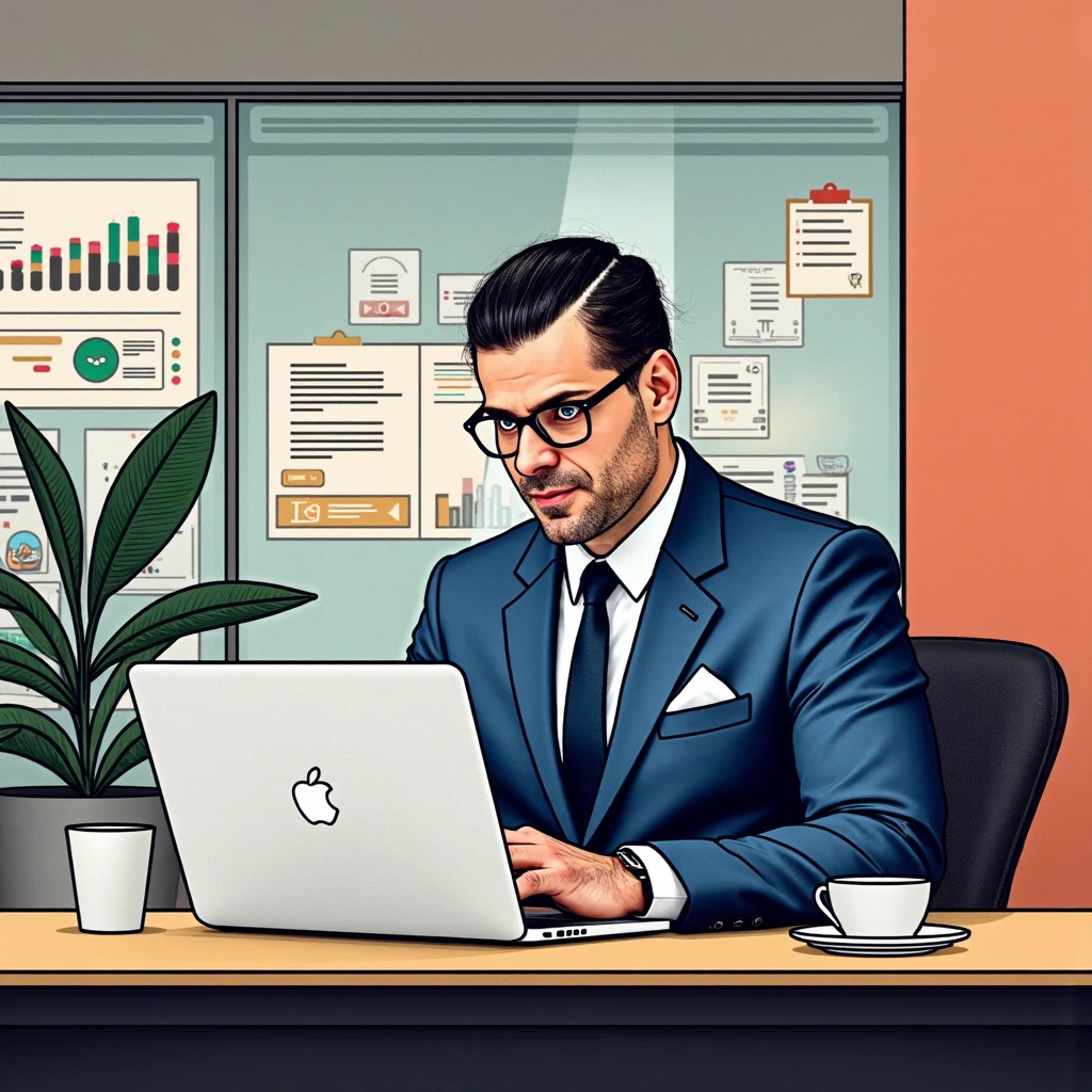 A comic-style pop-art illustration of a professional GM42 manager sitting at a desk in a modern office, focused on a MacBook Pro. The GM42 man has a Clean shaven, no beard or cheekbones, wears a sharp blue suit with a tie, and glasses, exuding confidence and competence. The workspace is vibrant and organized, with colorful charts, job postings, and documents pinned to a glass wall behind him. A potted plant adds a touch of greenery, and a coffee cup sits on the desk next to the laptop. The lighting is bright and cheerful, emphasizing productivity and creativity in a visually appealing pop-art style.