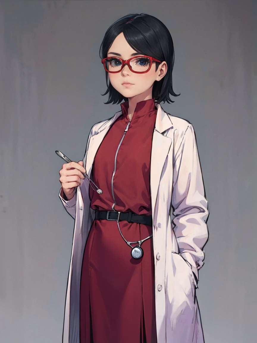 ( girl doctor  ,  black eyes and glasses). (((small. Doctor's clothes))). on a plain background 