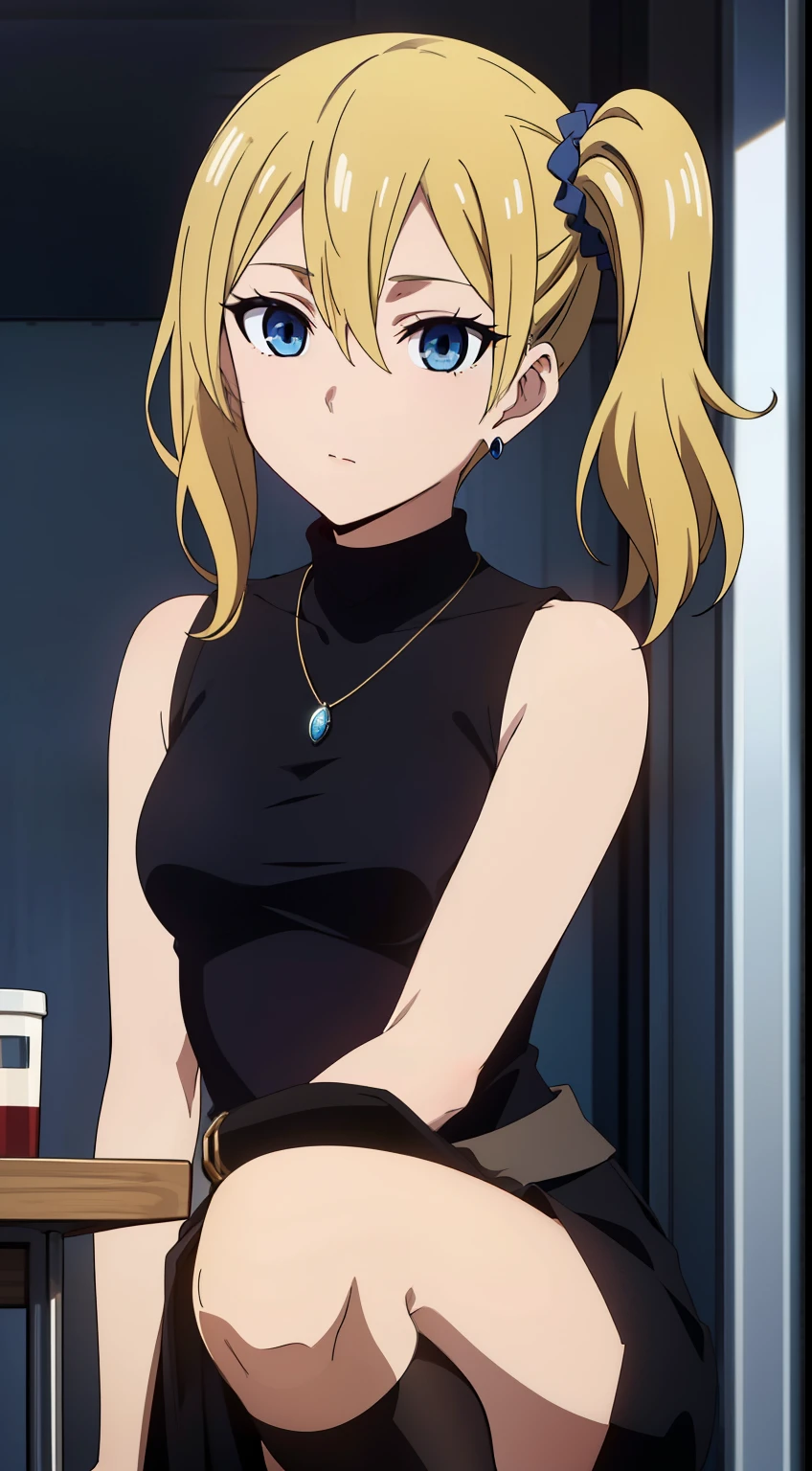 hayasaka, blonde hair, blue eyes, hair Scrunchie, side ponytail, Scrunchie, 1 girl, hair ornaments, alone, hair between eyes, (small medium breast:1.2), ((dark blue turtleneck sleeveless), pencil skirt, city street, necklace, earrings, knee-high stockings),
beautiful Finger, beautiful body, beautiful character design, perfect eyes, perfect face, expressive eyes, looking at the viewer, Show up to your knees, sexy pose, in the center of the image, official art, High Definition CG Unity, Perfect lit, bright_front_face_lit, (table top:1.0),(Highest_quality:1.0), 4k, Super detailed, photograph, 8k, nffsw, High resolution, (absurd:1.2), kodak portrait 400, film grain, Lens flare, (lively_color:1.2),  (beautiful_medium breasts:1.4), (beautiful_face:1.3),(narrow_waist),
