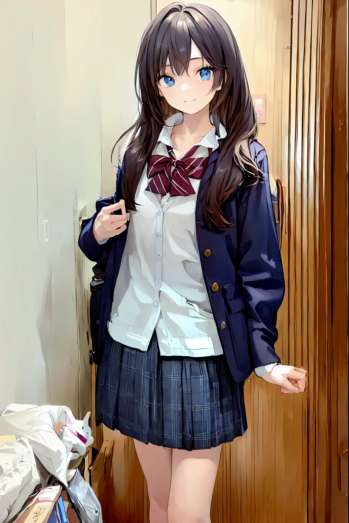 (( table top naked underneath the jacket, best quality, high definition , NFSDW, Pixel Perfect , 4K, NFSDW, NFSDW))), 1 girl, single, Alone, Beautiful Women、I can see my whole body 、 ((Mid-wave hair, bangs, brown hair)), (( Brown Eyes , Beautiful eyelashes, Realistic eyes)), (( Face Details , :1.2)), ((fine texture:0.75, Realistic texture:0.65, Realistic:1.1, anime styleCG )), medium breasts, dynamic angles, perfect body for a lawn, (( red tie, , black jacket , jacket, brown cardigan, white shirt, black skirt , check skirt)), City Stairs、 Looking up from the bottom of the stairs、 very embarrassed and flustered smile , Looking Back、 slouching forward、Brown Hair, short cut , unkempt hair,Short braided hair,Neat, slender beautiful,Correct posture,Small chest, beautiful legs, their enchanting gray-blue eyes are shining like stars,Droopy eyes, bright color , beautiful eyes,A delicate smile,Textured Skin, best quality best ,優しくて Beautiful Women, anime style、