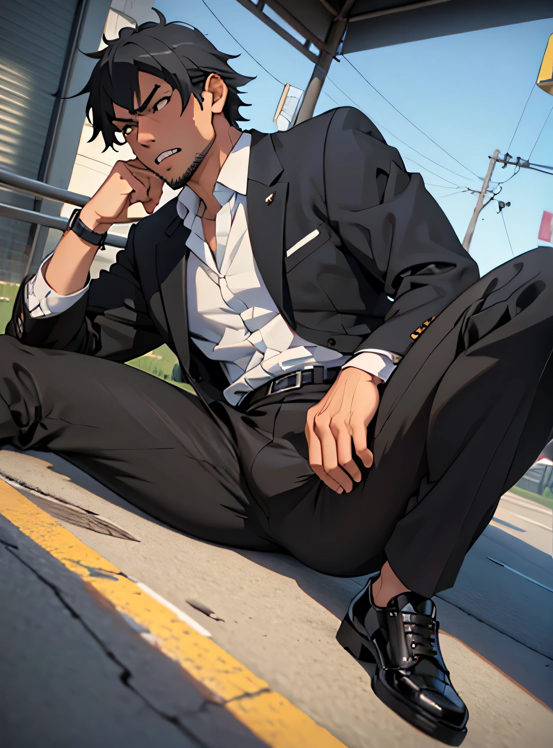 Age 30,father, Simple Black Single Suit ,  lying on the ground  ,Spread your legs wider,black belt,Black socks,Black leather shoes,logic, Gay , black hair, Shorthair, thick eyebrows,Stubble, Lightly Set Your Hair with Wax , Hachiman Hachiman,Masculine,salaryman,Mob characters,Bad Actor , The crotch part of the pants is bulging, Erotic 3D Finish , Open your mouth wide and scream,、Gunfight