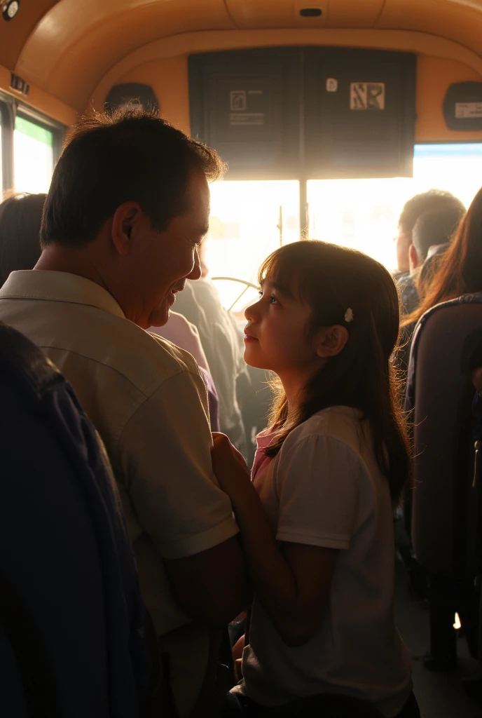 a young girl talking with her father on a crowded school bus,interior of a school bus,view from the bus driver's perspective,detailed facial features,high-quality,photorealistic,extremely detailed,soft lighting,warm color tones,cinematic composition,masterpiece