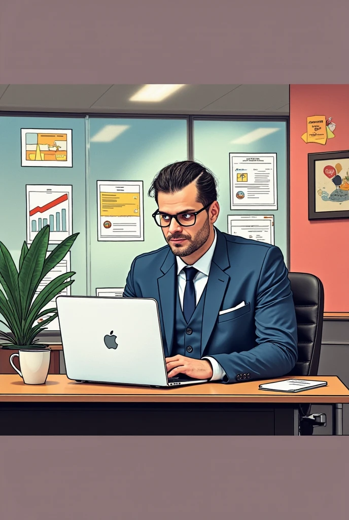 A comic-style pop-art illustration of a professional GM42 manager sitting at a desk in a modern office, focused on a MacBook Pro. The GM42 man has a Clean shaven, no beard or cheekbones, wears a sharp blue suit with a tie, and glasses, exuding confidence and competence. The workspace is vibrant and organized, with colorful charts, job postings, and documents pinned to a glass wall behind him. A potted plant adds a touch of greenery, and a coffee cup sits on the desk next to the laptop. The lighting is bright and cheerful, emphasizing productivity and creativity in a visually appealing pop-art style.