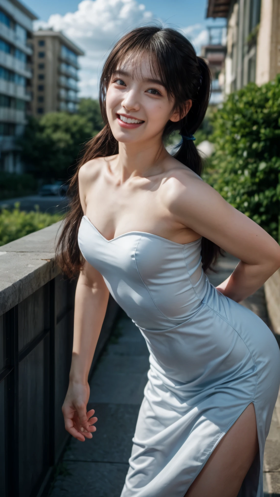 (realistic, photo-realistic:1.37), (masterpiece, best quality), high resolution, intricate details, extremely detailed, cinematic lighting, gravure photography, portrait, a Japanese young woman, super beautiful girl, (strapless dress, sleeveless:1.2), (face focus, standing leaning forward, forward bending:1.5), (small breasts:1.3), dark hair, ((low-position twintails hair)), pale skin, (detailed face, detailed eyes, symmetrical eyes, beautiful pupils, sophisticated nose, big smile), open mouth,
photo background, outdoors, urban scape, daytime, sunny, blue sky and clouds,