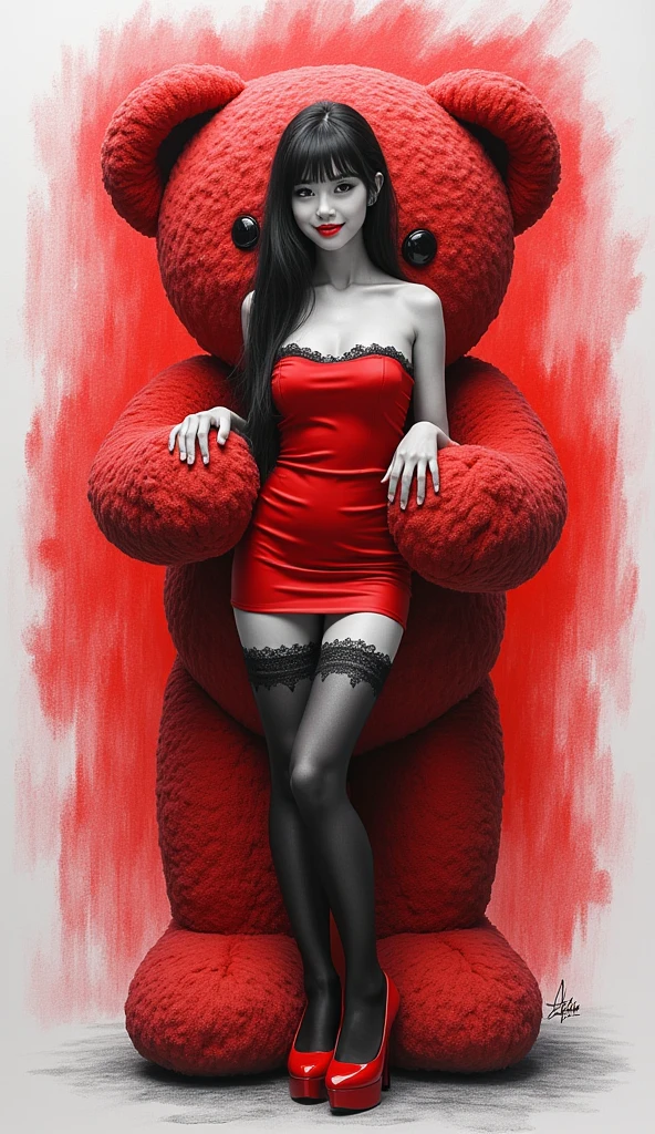 doll sitting on top of a teddy bear, digitalize image, make clearer, high quality