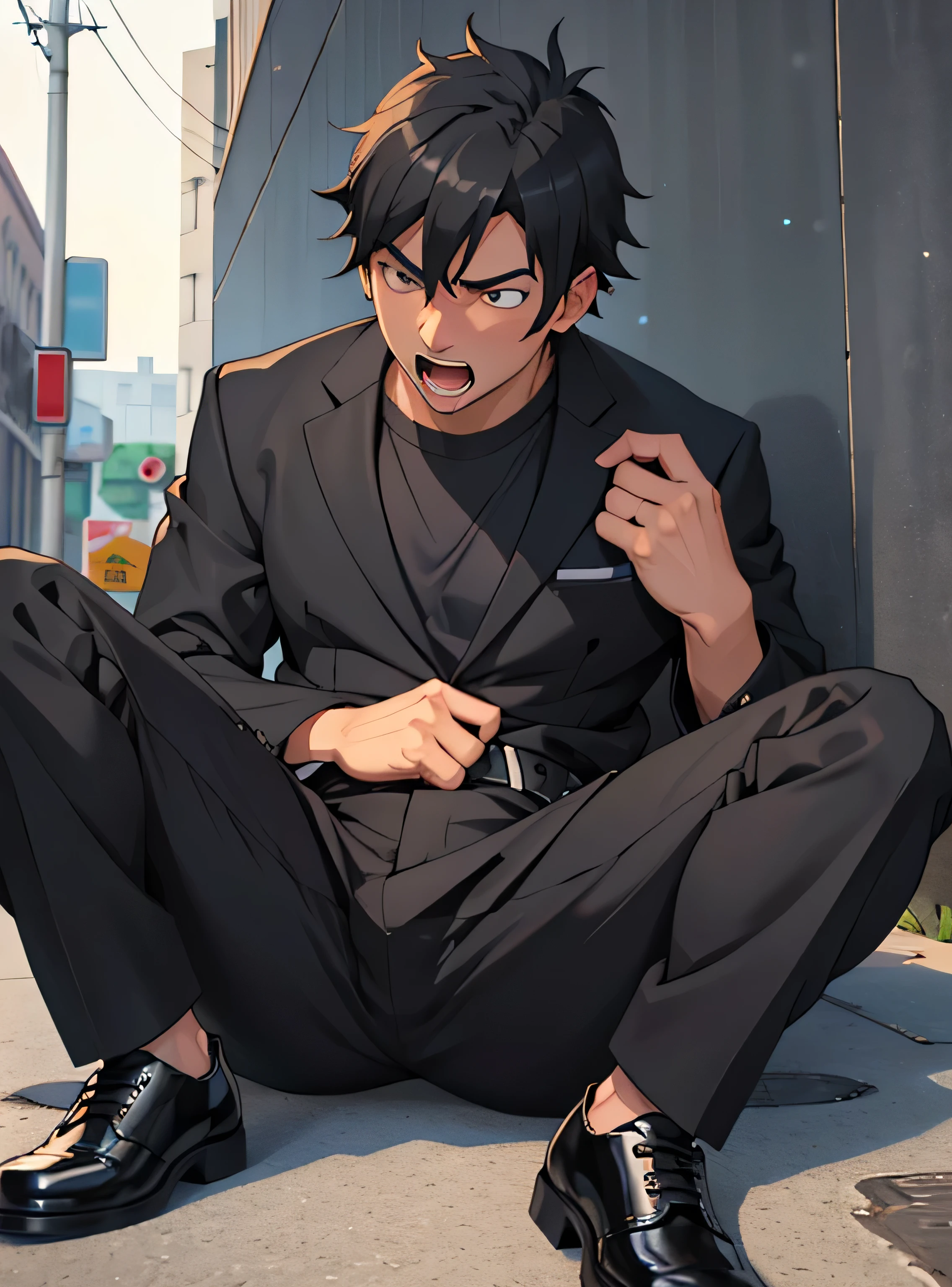 Age 30,father, Simple Black Single Suit ,  lying on the ground  ,Spread your legs wider,black belt,Black socks,Black leather shoes,logic, Gay , black hair, Shorthair, thick eyebrows,Stubble, Lightly Set Your Hair with Wax , Hachiman Hachiman,Masculine,salaryman,Mob characters,Bad Actor , The crotch part of the pants is bulging, Erotic 3D Finish , Open your mouth wide and scream,、Gunfight