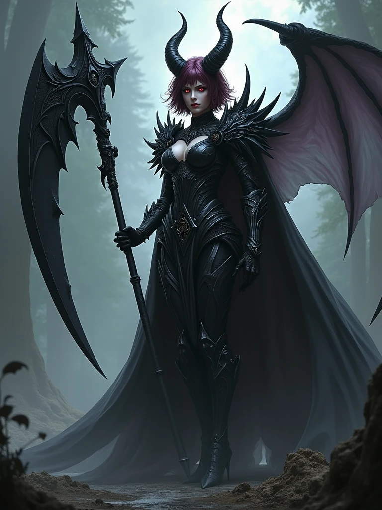 Rihanna as a hyper-giant, Hyper-powerful demon with two demon horns on his head and demon wings, Fires purple lightning bolts at a building and shatters buildings , ville en ruine post apocalyptique,
